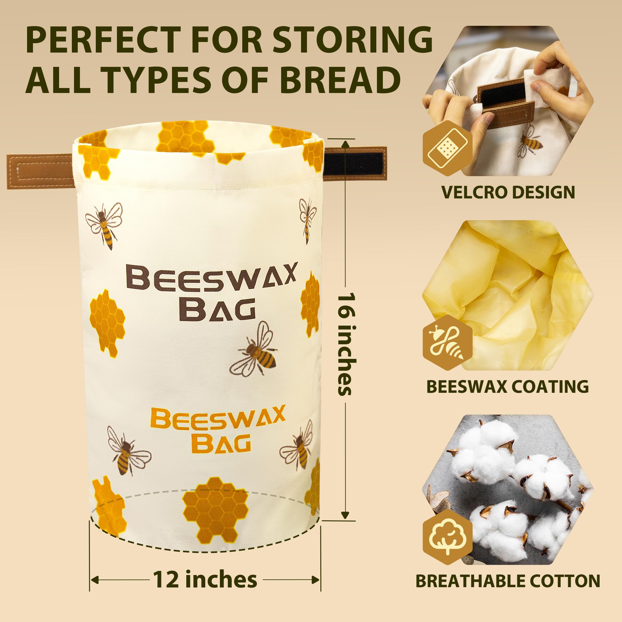 Sac à pain en cire d'abeille pour levain, 43,2 x 30,5 cm, réutilisable, sac à pain ciré fait maison, sac de rangement alimentaire, sacs à collation, fournitures de cuisson pour garder le