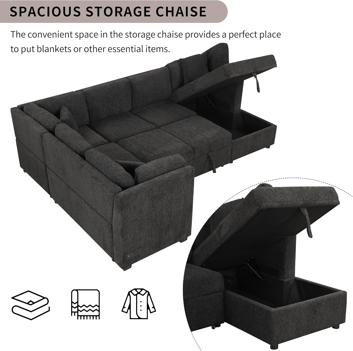 Oversized U Shaped Convertible Sleeper Sectional Sofa Couch with Pull Out Bed for Living Room - Chenille Upholstered Pullout Sofabed w/ Storage Chaise , USB Ports, Two Power Sockets, 3 Back Pillows