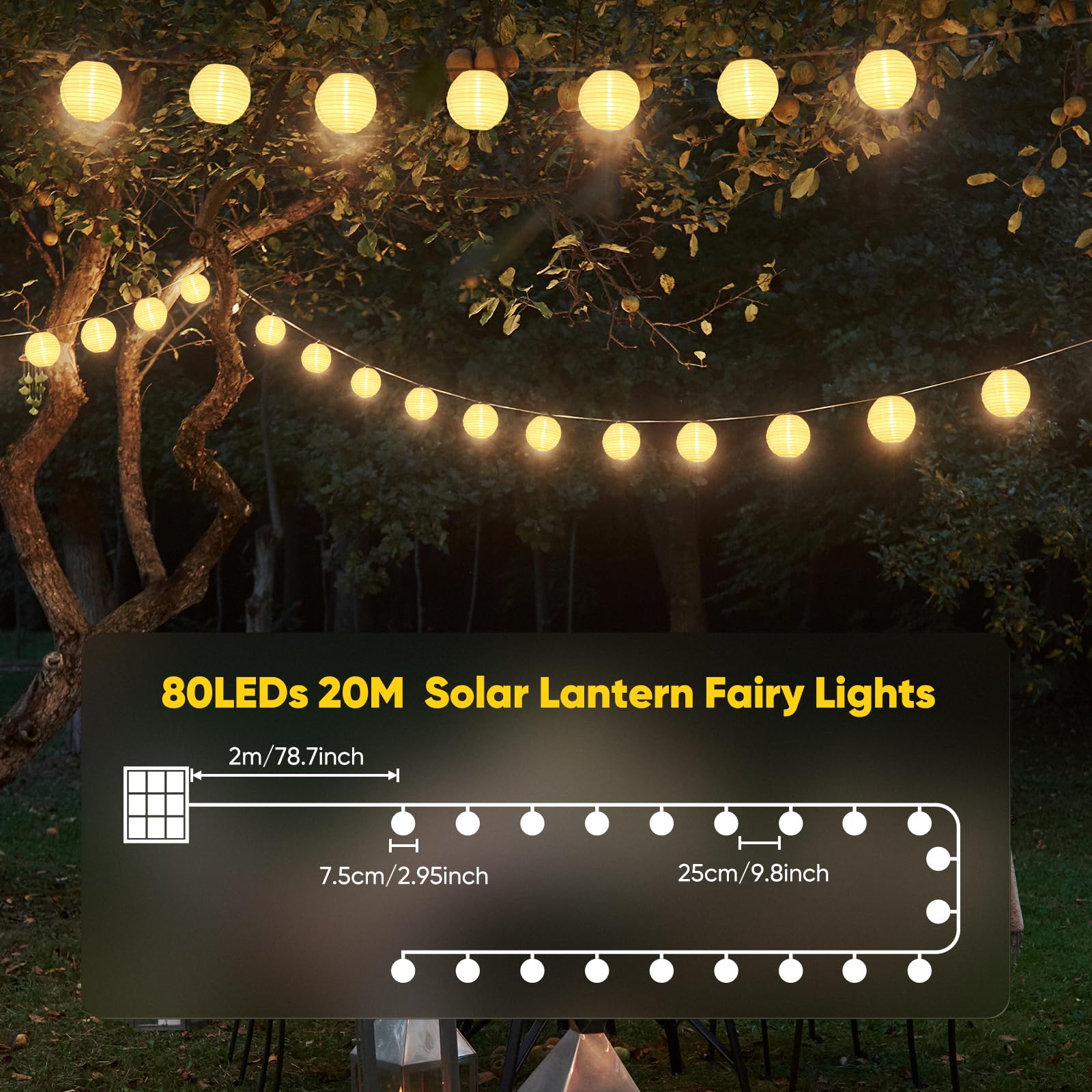 SALCAR Catena luminosa a energia solare per esterni, 20 m, 80 LED, per esterni, resistente alle intemperie, controllo del tempo e funzione di memoria, 8 modalità, per giardino, balcone, cortile,
