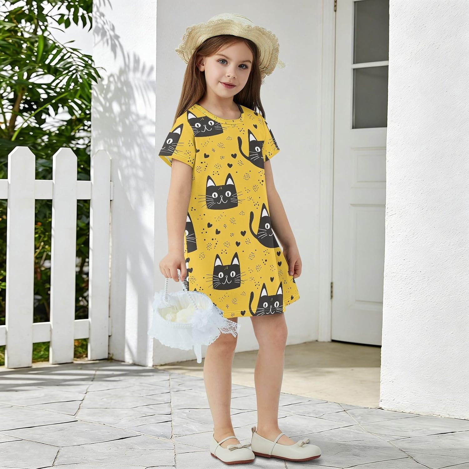 Cat Funny Girls Dresses Summer Dresses for Girls with Cotton Short Sleeves for Casual a Line Dress Size 2-8Y