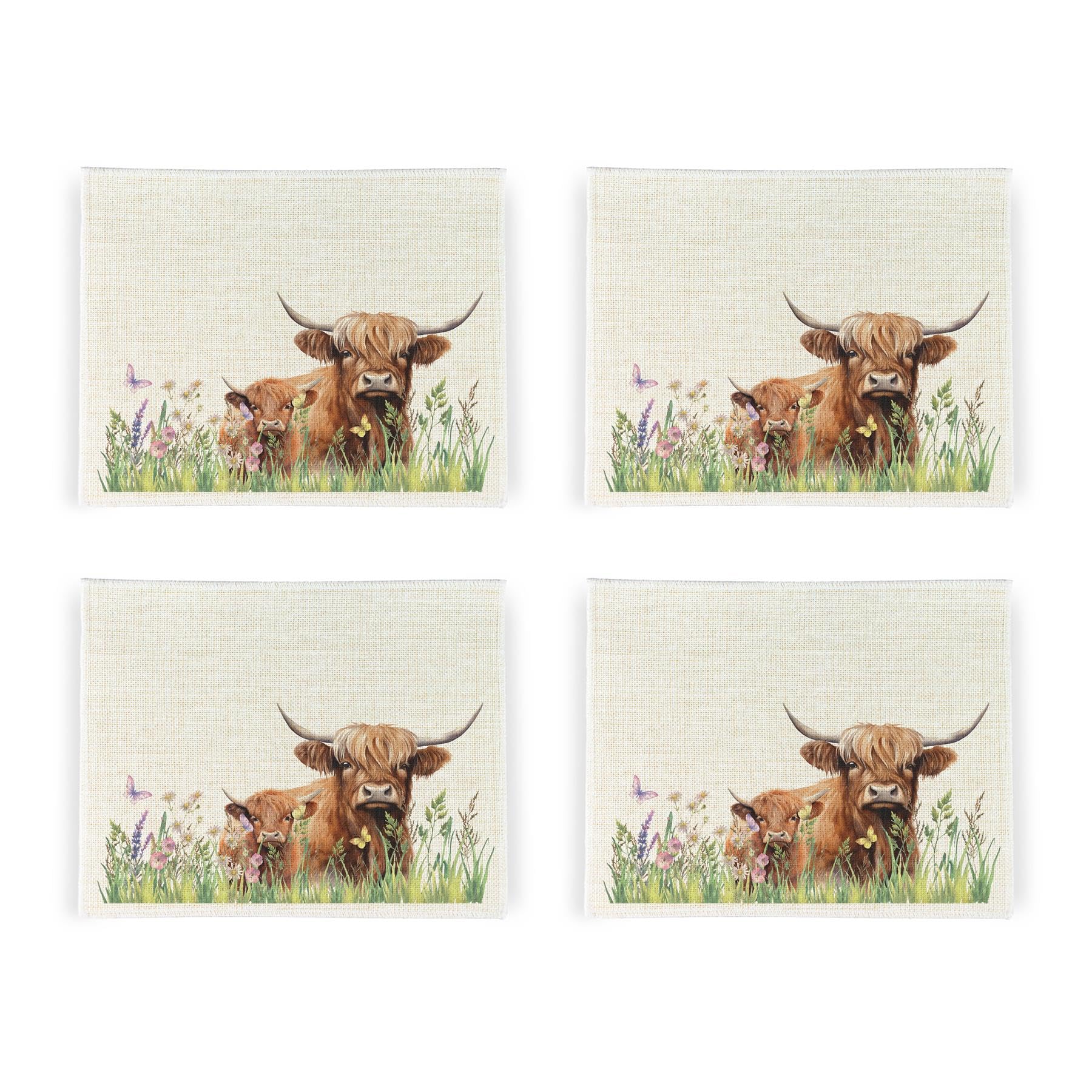 Highland Cow & Calf Placemats Set - Farmyard Animals Gift - Set of 4 Fabric Mats