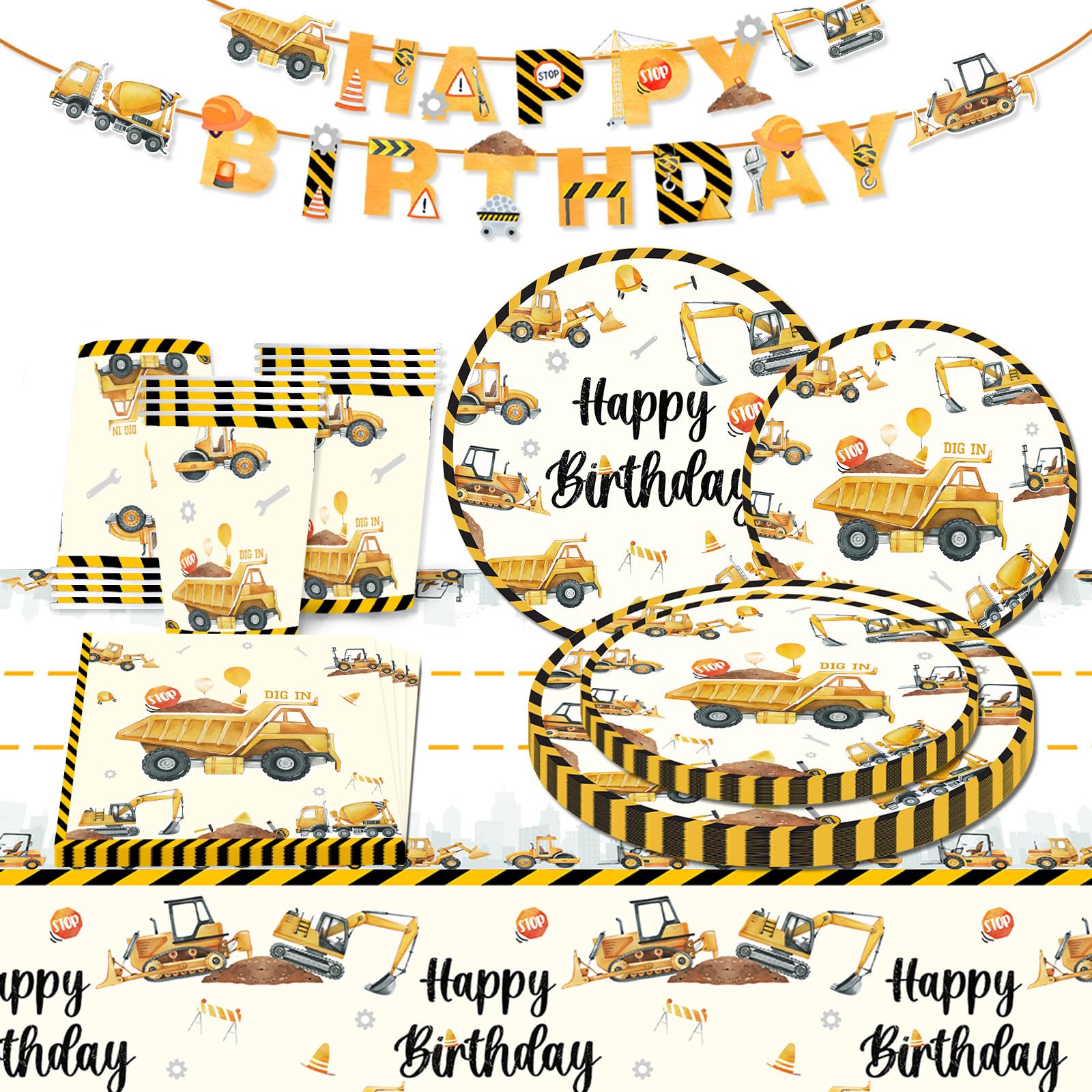 Construction Birthday Party Supplies for 24 Guests,98pcs Transportation Party Tableware Includes Banner Tablecloth Party Paper Plates Cups and Napkins Sets for Truck Theme Party Decorations