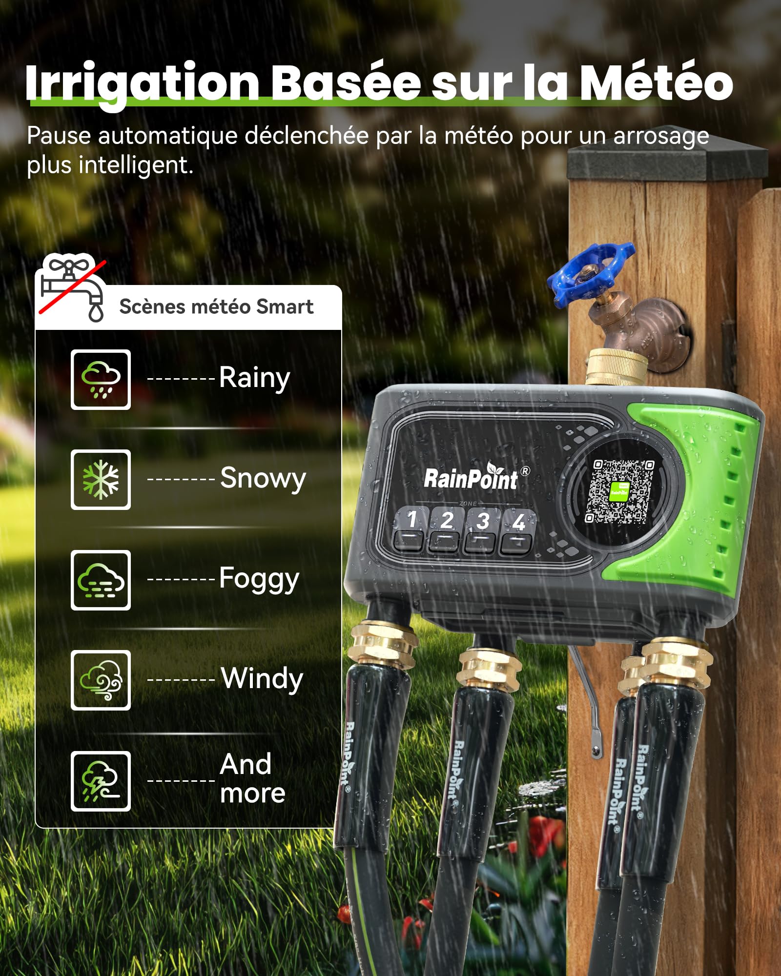 RAINPOINT Programmateur d'Arrosage WiFi 4 Voies, Arrosage Automatique Météo, 4 Sorties Laiton, Contrôle App et Vocale Jardin