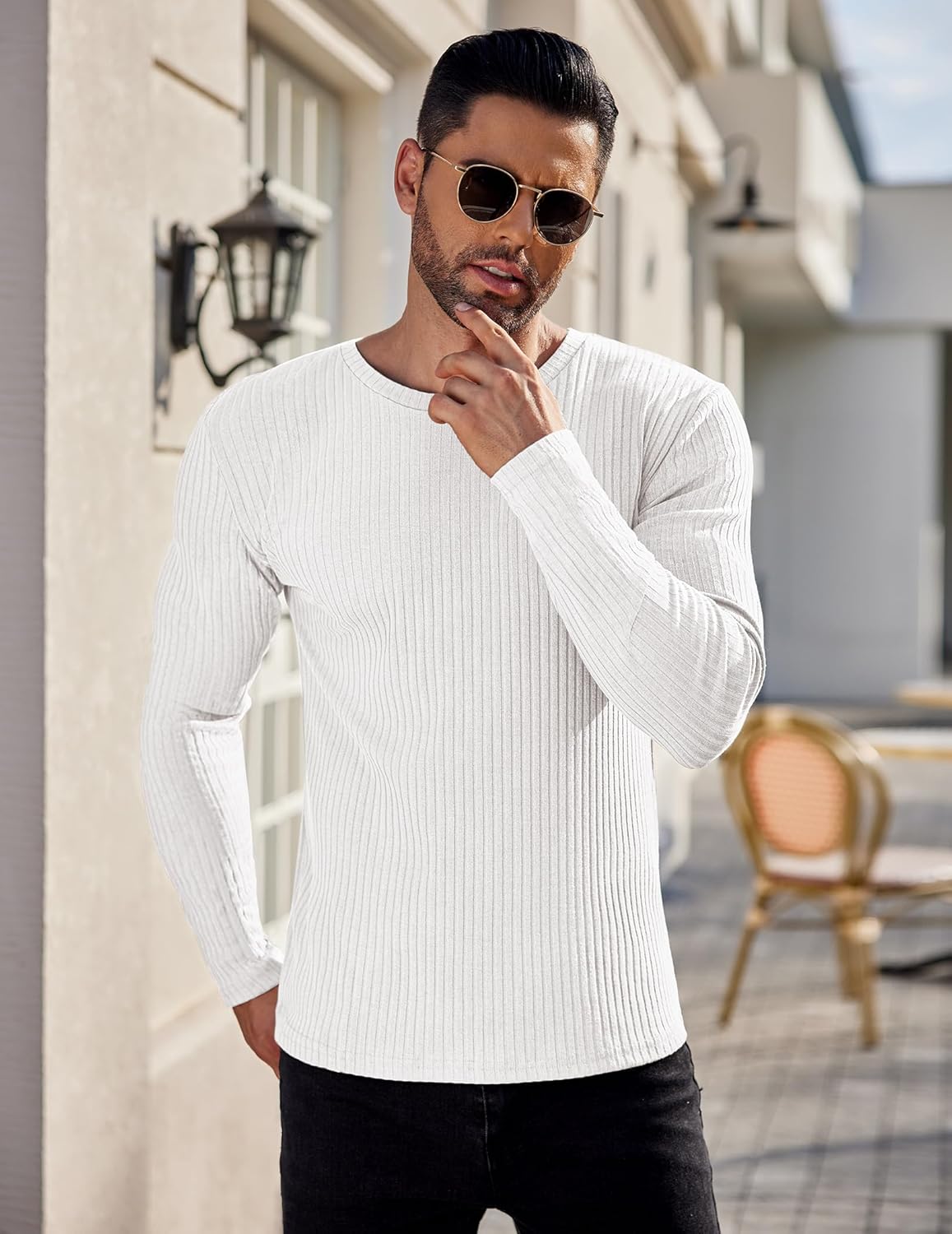 Ekouaer Men's Long Sleeve Shirts Ribbed Pullover Tees Sim Fit Thermal Tops Crew Neck Stretchy Undershirts S-3XL - Image 2