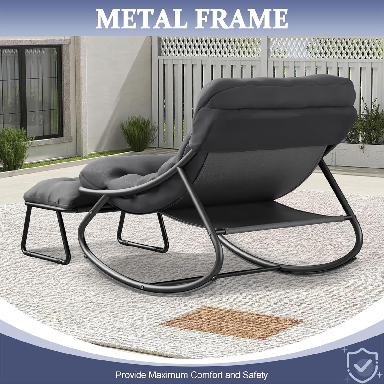 Schaukelstuhl mit Hocker, Schaukelsessel, Schaukelstuhl Wohnzimmer, Relaxstuhl Lesesessel mit Gepolsterter, Outdoor Lounge Sessel, bis 150 kg, für Balkon, Garten (Grau, 100T x 77B x 70H cm)