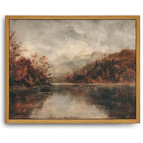 Roslynity Framed Canvas Wall Art Vintage Print Fall Lake Landscape Oil Paintings Autumn Rustic Moody Earthy Nature Retro Aesthetic Artwork for Home Living Room Bathroom Wall Decor (8"x10")