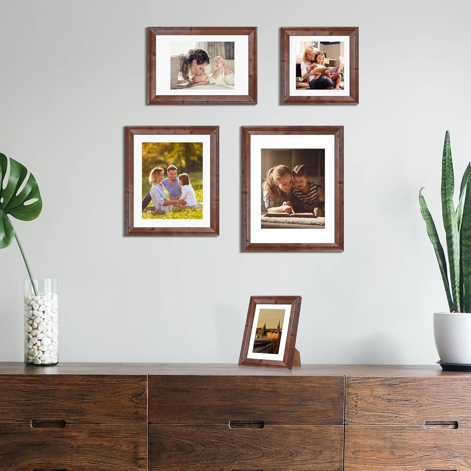 iRahmen 11x14 Vintage Picture Frame with Mat 8x10 - High Definition Tempered Glass Wooden Photo Frames for Wall Mounting (Brown, Set of 4)