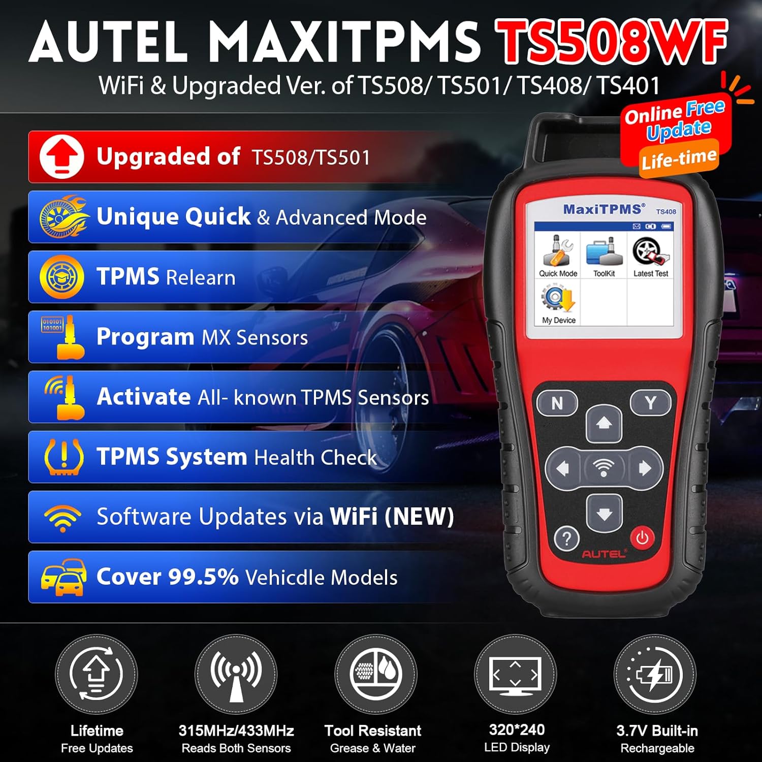 Autel MaxiTPMS TS508WF Relearn Tool (Original 2025 New) Upgraded of TS508, TS601, Program MX-Sensors(315/433 MHz), Activate/Relearn All Sensors, TPMS Reset, Read/Clear TPMS DTCs, Free Update