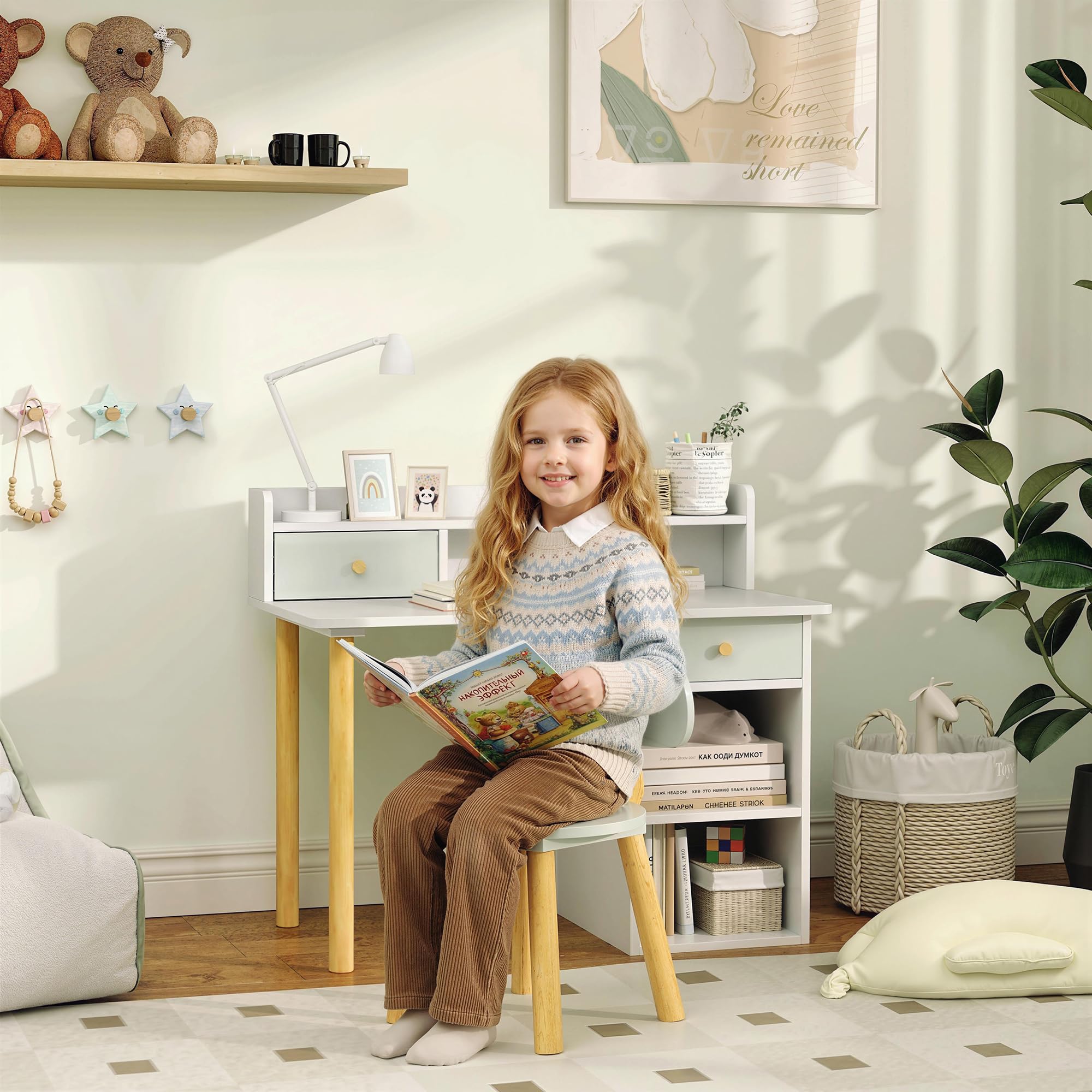 AIYAPLAY Bureau Enfant avec Chaise, Table et Chaise avec 2 Tiroirs, Large Plateau et Étagères Ouvertes, Table pour Étude, Travail et Écriture, pour Garçons et Filles de 3 à 8 Ans, 85x48x73cm, Vert