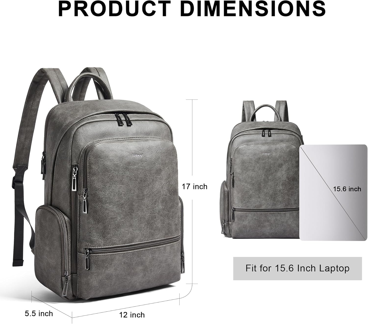Leather Backpack for Women, Fits 16.0 Inch Laptop, Soft Vegan Leather Backpack for Travel and Daily Use, Grey