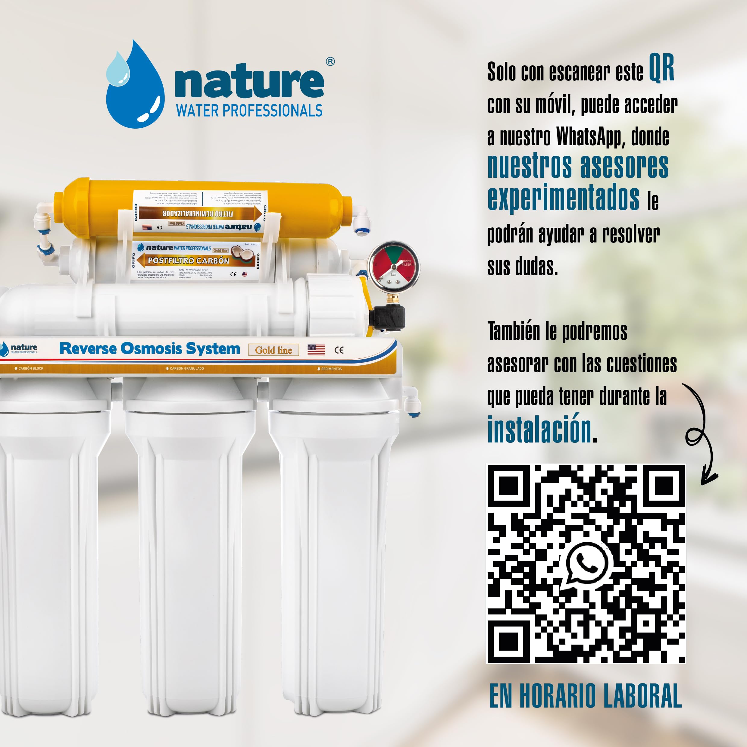 NATURE WATER PROFESSIONALS Equipo de Osmosis Inversa - Kit para Osmosis de 6 Etapas - Capacidad para 5 L - Incluye Membrana Vontron de 50GPD, Deposito y Filtros