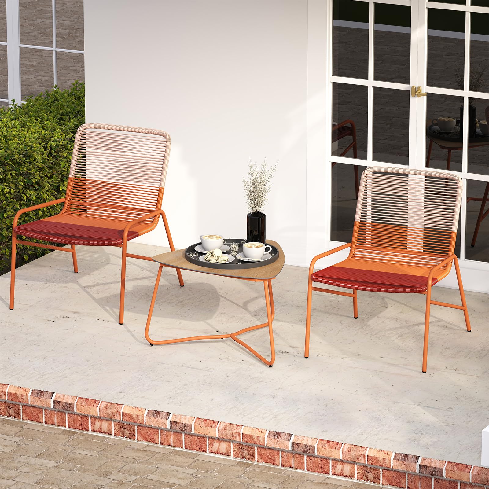 COSTWY Set Salotto da Giardino in Rattan PE, con 2 Sedie e Tavolo Laterale in Legno-Plastica, Set Bistro per Balcone, Portico e Cortile