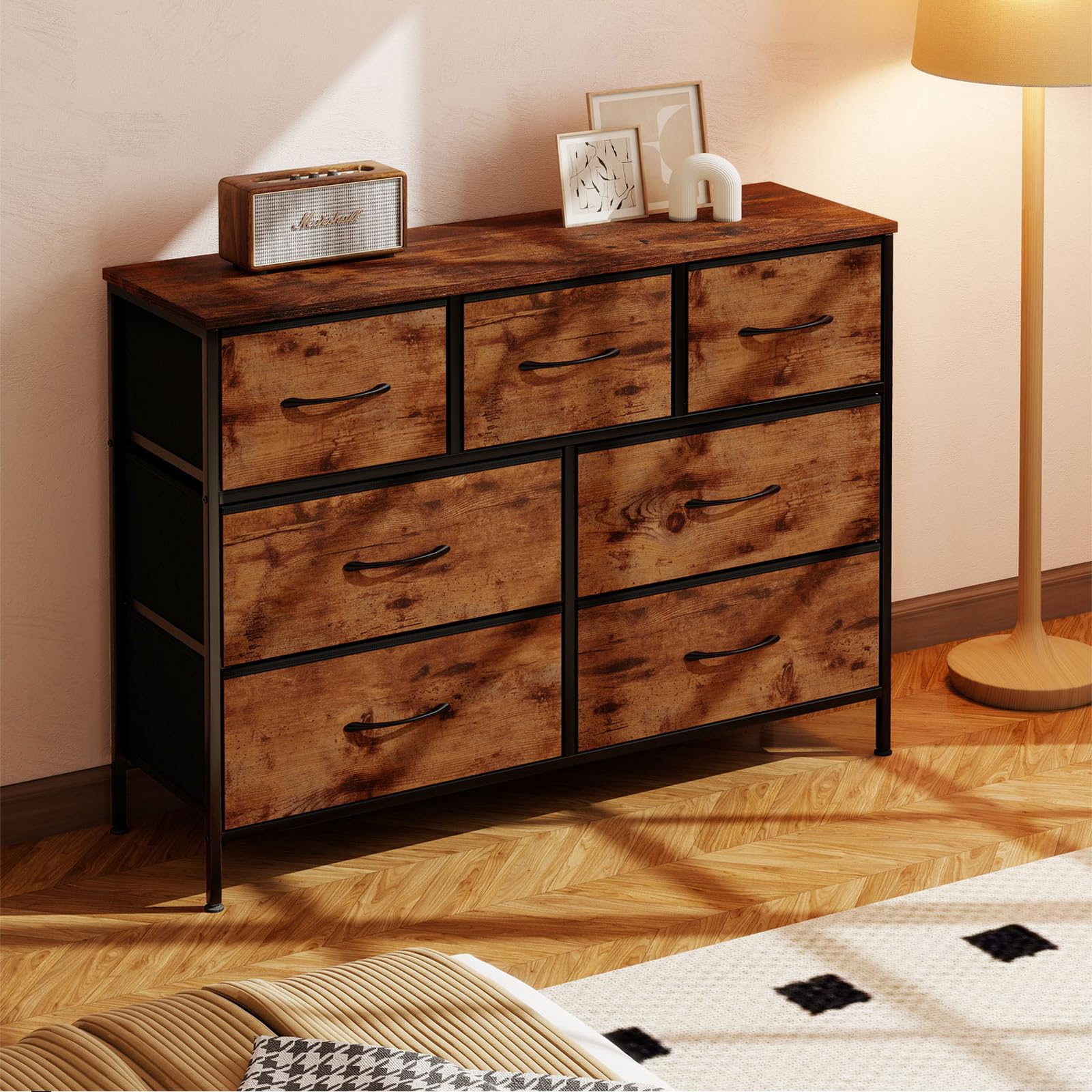Levede Chest of Drawers for Bedroom with 7 Drawers, Wide Storage Organiser Rustic Brown Fabric Dresser with Wood Top, Fabric Storage Organizer Unit for Closet, Living Room, Entryway
