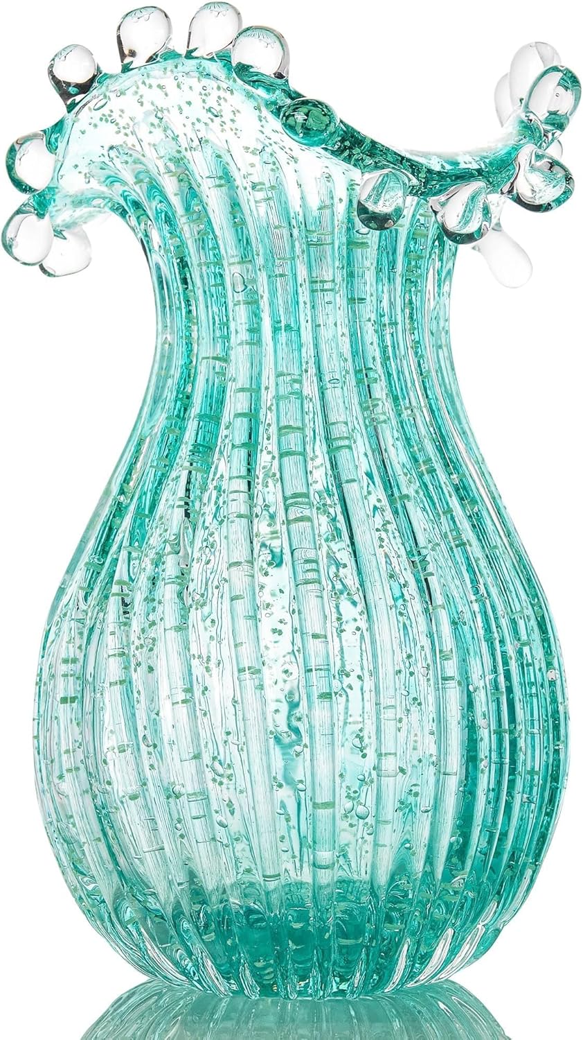 QFkris Hand Blown Glass Luminous Vase for Flowers 8" Teal Crystal Bubble Vases for Bouquet Home Decor Decorative Centerpieces Unique Gift for Birthday Housewarming Mothers Day