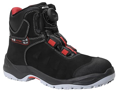 ELTEN TILL BOA Mid ESD S3 Safety Shoes for Men and Women Leather Steel Toe Cap Lightweight Heavy Duty Black/Red UK 3