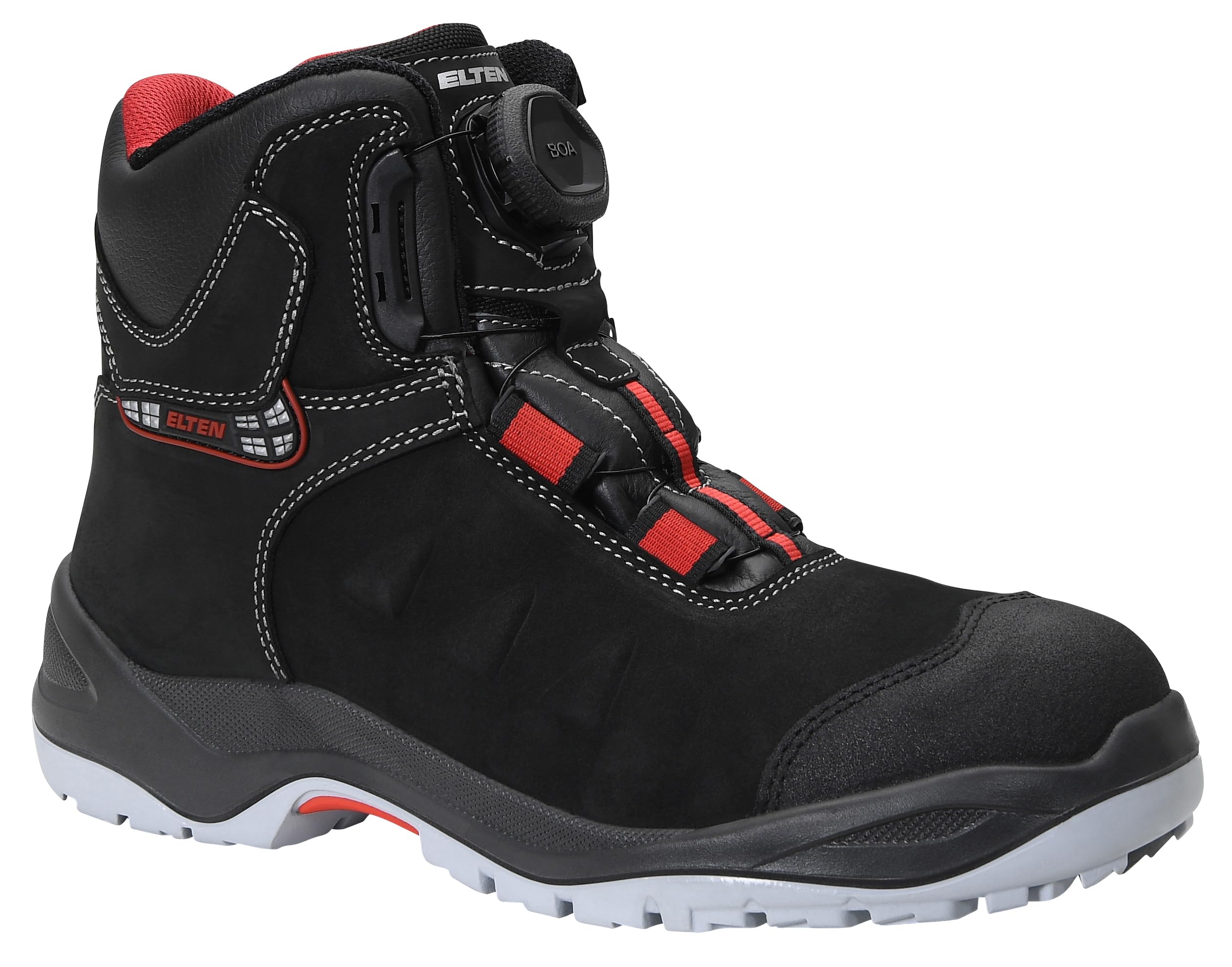 ELTEN Sicherheitsschuhe TILL BOA Mid ESD S3, Herren, Leder, Stahlkappe, leicht, robust, Schwarz/Rot, Größe: 49