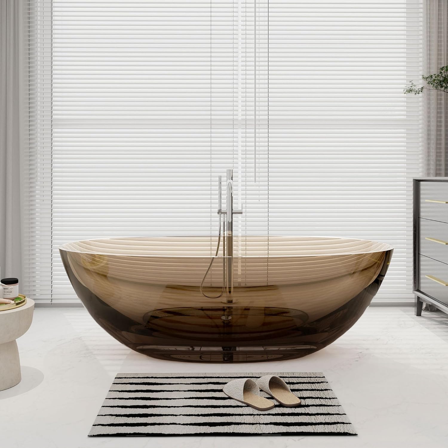 71" x 35" SJ STAR&JANE Solid Surface Freestanding Bathtub Stone Resin Oval Soaking Tub Stand Alone Tub with Pop-up Drain Transparent Sepia
