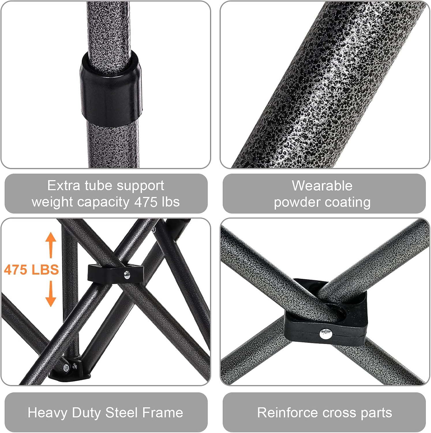 Padded Camping Chairs for Adults, 1 Pack Oversized Folding Outdoor Chairs, Weight Capacity 475lbs, with Cooler Bag, Cup Holder, Storage Pocket, Carry Bag - Black - Image 6