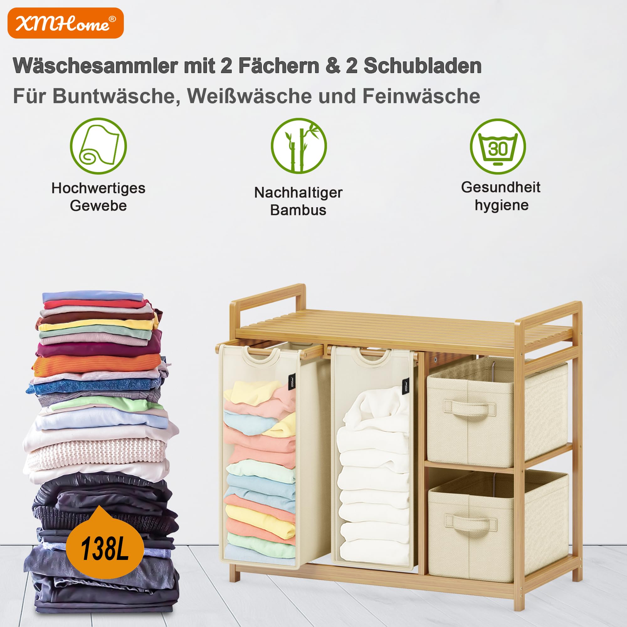 Cesto portabiancheria da 138 l, con 2 sacchetti per la biancheria e 2 scatole portaoggetti, in bambù | Cesto portabiancheria a 4 scomparti con ripiano in bambù, per bagno, camera da letto e lavanderia, beige
