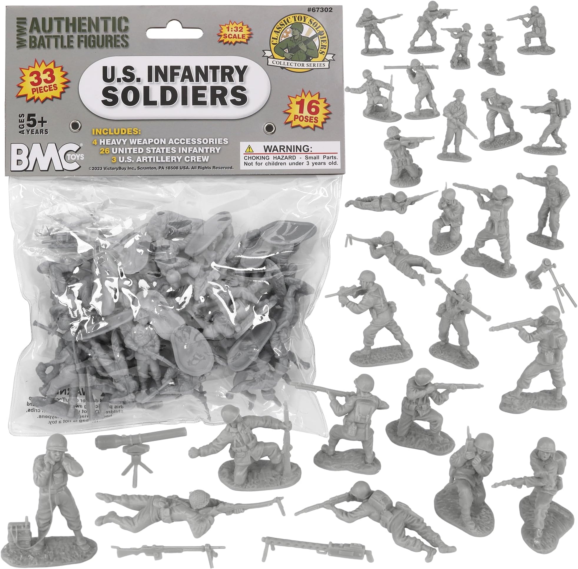 BMC CTS WW2 US Infantry Plastic Army Men - 33pc Gray 1:32 Soldier Figures