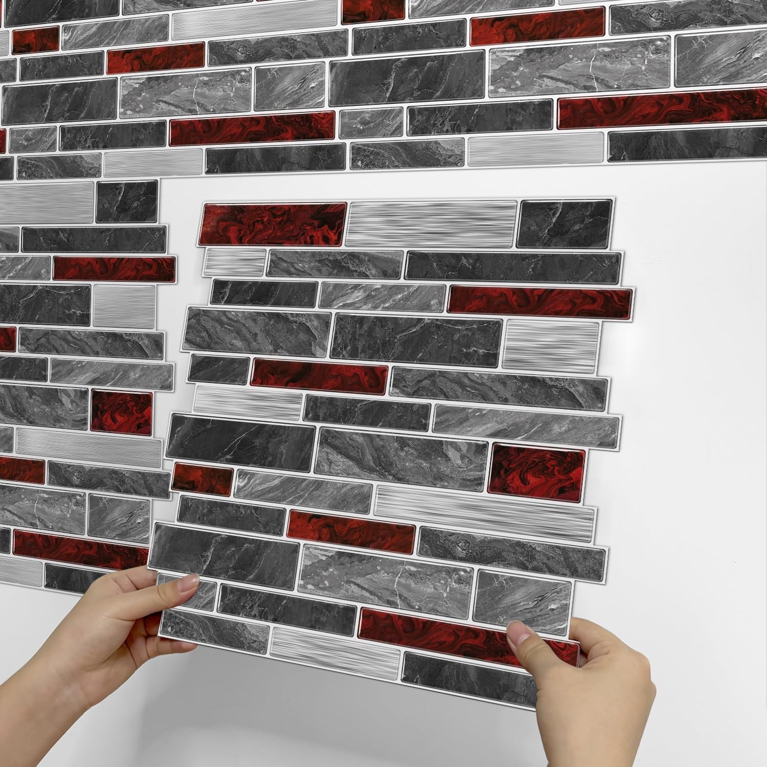 VICCI 12-Sheet Peel and Stick Tile Backsplash, Vinyl Waterproof Tiles Decals 12 x 12 inch Self Adhesive Wall Sticker for Kitchen, Bathroom & Laundry Room (Grey & Red Marble Style)