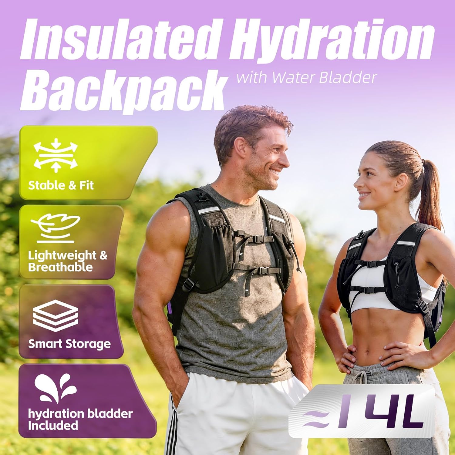 Hydration Pack Backpack, Insulated Hiking Water Backpack with 1.5L Water Bladder, Running Hydration Vest Backpack for Men Women, Hydro Daypack for Hiking, Cycling, Climbing, Rave