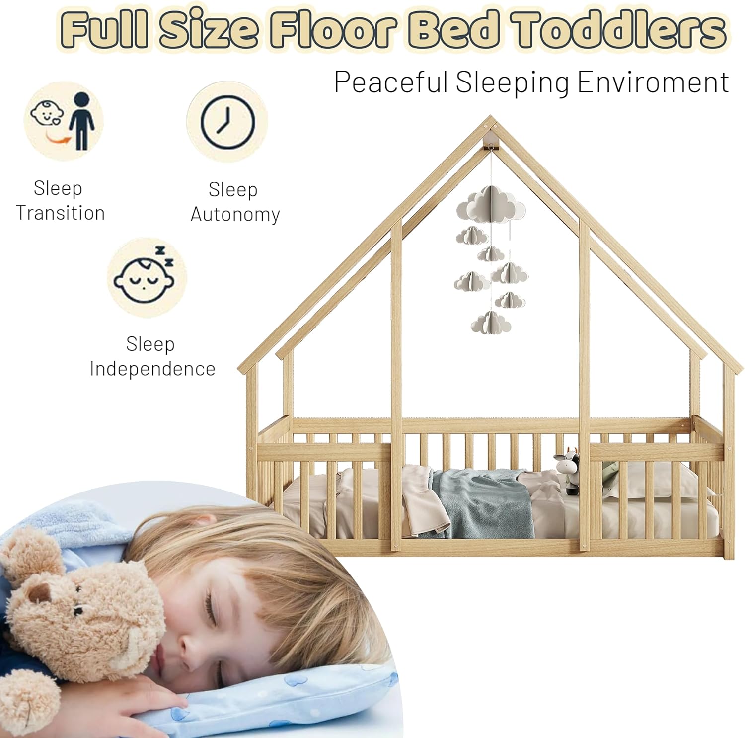 Full Size Montessori Floor Bed with High Rails, Wood House Bed Frame for Kids, Low-to-Ground Montessori Beds for Girls Boys, Solid Pine Structure for Safe Independent Access,Natural