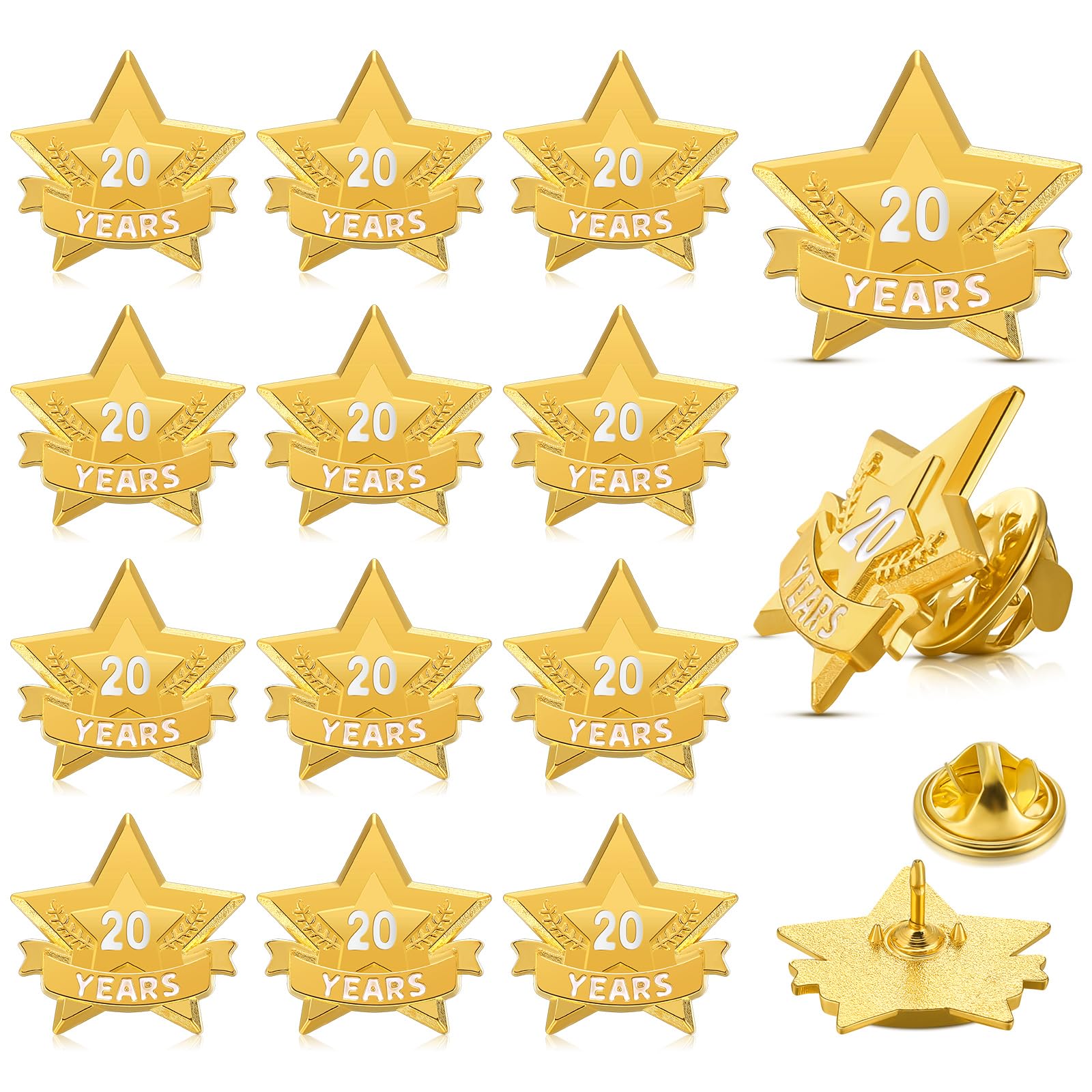 Tigeen 12 Pcs Year Service Reward Pins Star Enamel Pins Year of Service Award Lapel Pin for Long Standing Employees Volunteers Couples Anniversary(20 Years)