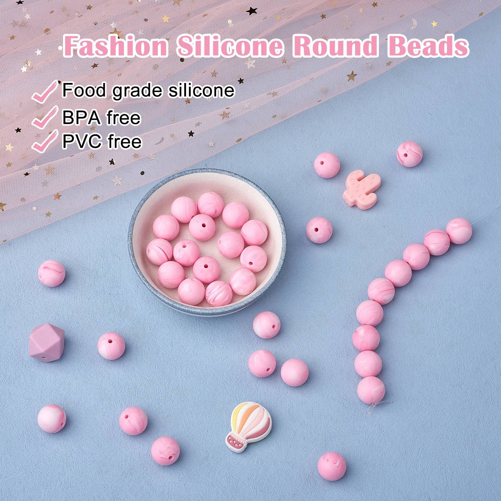 BEEFLYING 100 Pieces Silicone Beads 15mm Round Rubber Focal Bead Loose Spacer Beads for Keychain Making Pen Bracelet Necklace Jewelry DIY Craft (Smoky Pink) - Image 3