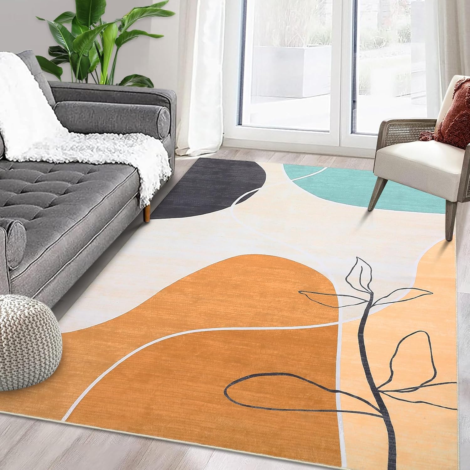 Large Living Room Rug 8x10 Modern Area Rug Washable Rug Indoor Contemporary Floor Carpet Botanical Rug Minimalist Area Rug Boho Rug for Bedroom Kitchen Nursery, Orange 8' x 10' Orange