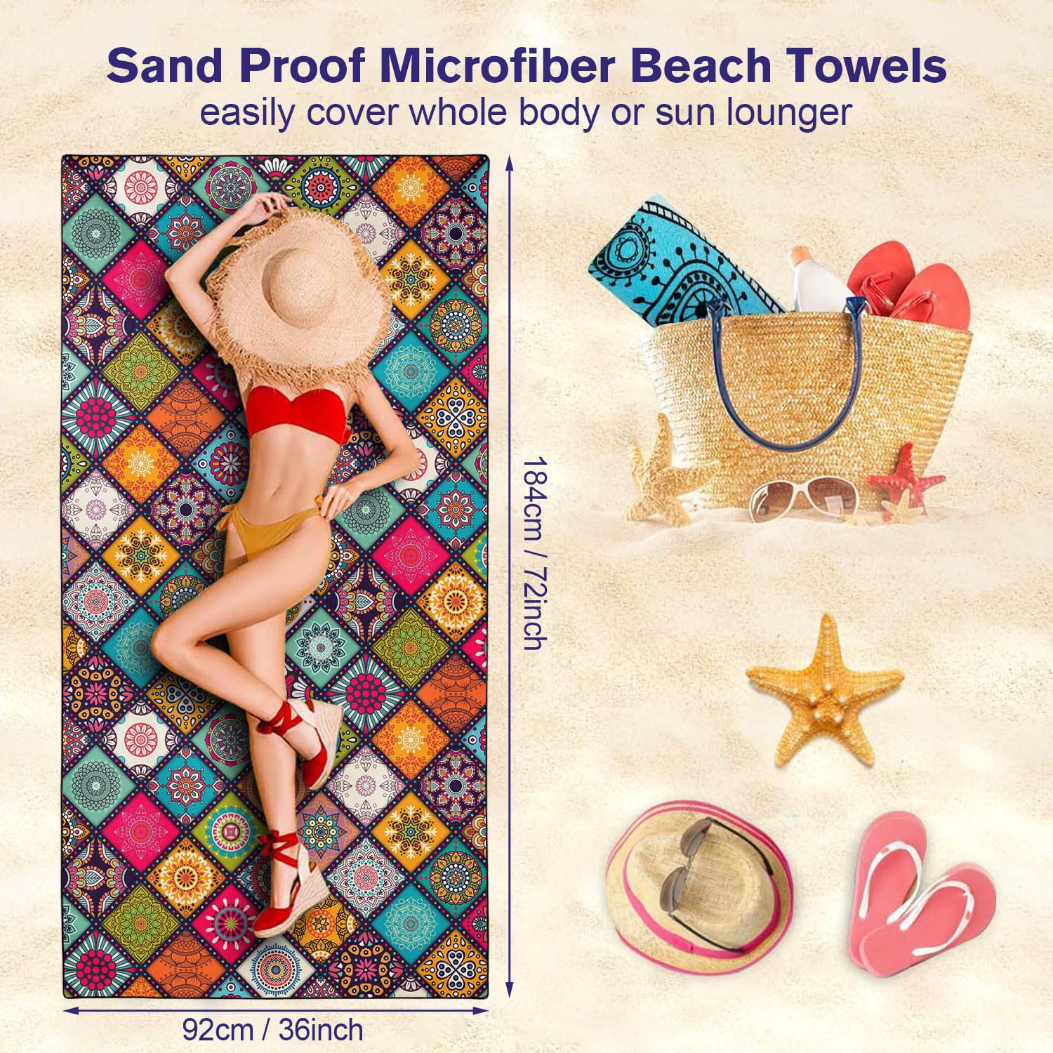 Surwin Serviette De Plage En Microfibre Anti Sable, Grande Taille Couverture De Voyage à Séchage Rapide Super Absorbant Légère Portable Pour Plage, 3D Mer Impression (Plage De Sable,150x180cm