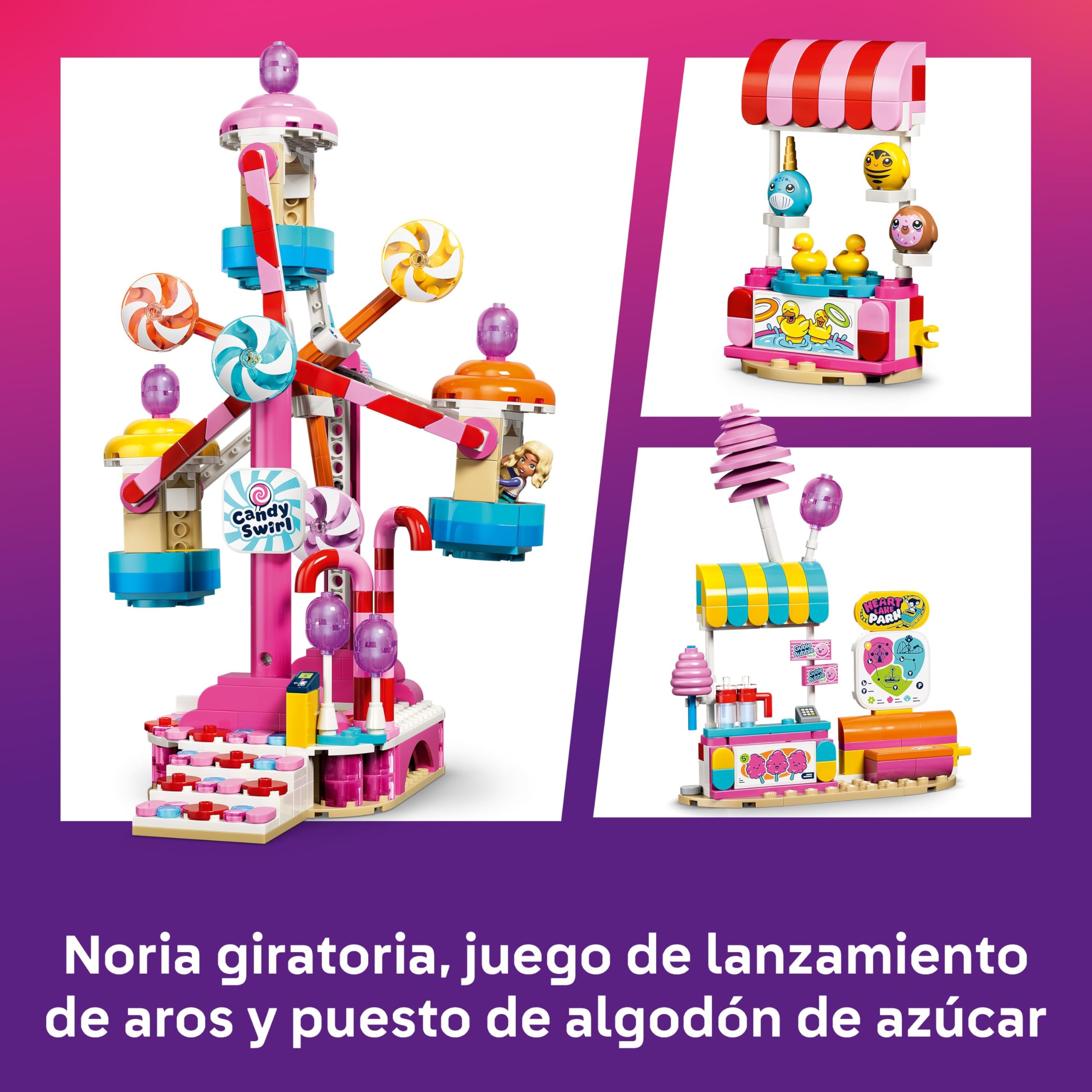 LEGO Friends Noria: Cupcakes y Golosinas – Juguete Interactivo con Juegos de Feria, Atracciones, 3 Mini Muñecos y Accesorios – Regalo de Cumpleaños para Niñas de 7+ Años – 42700