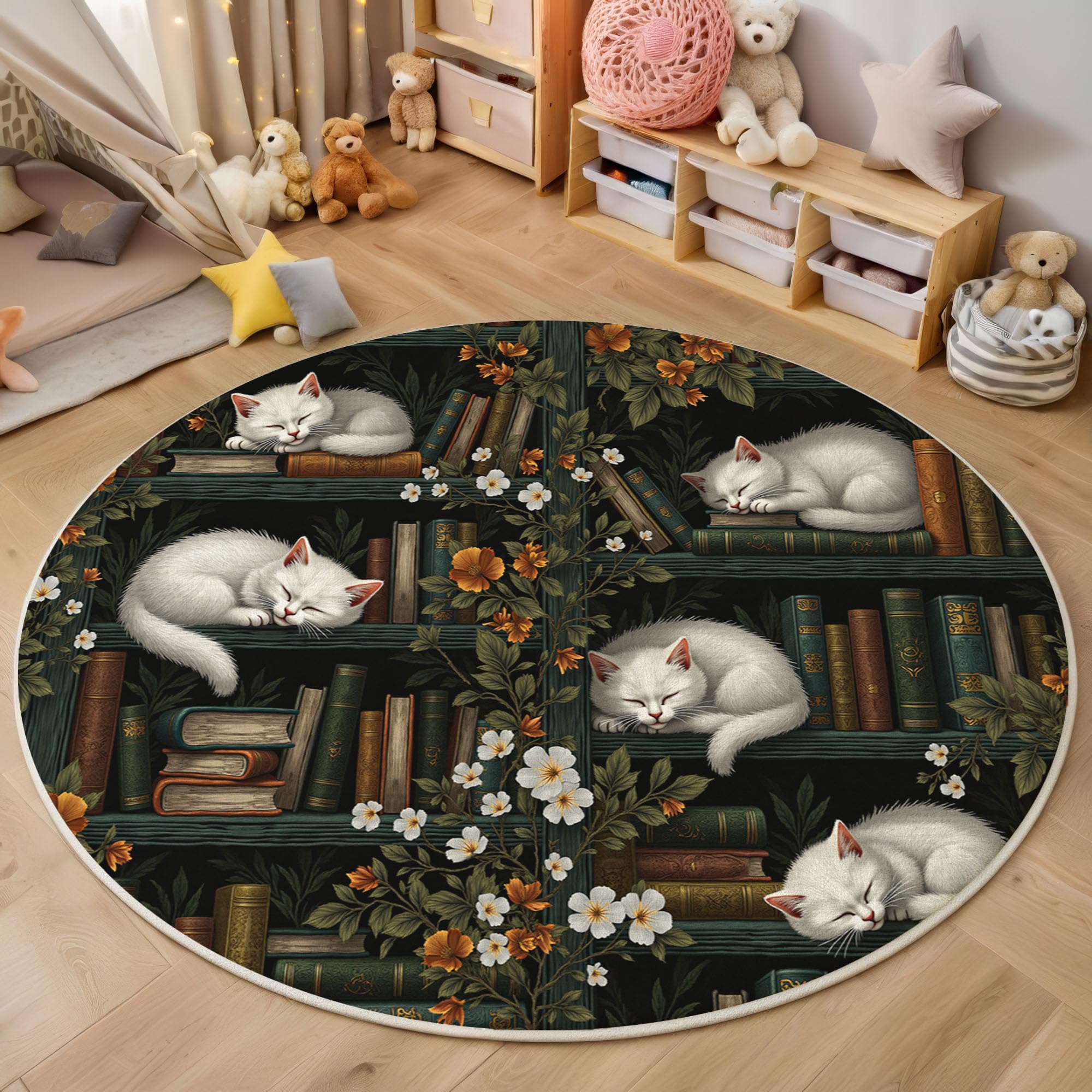 Tapis rond chat bibliothèque 80 cm antidérapant noir pour salon