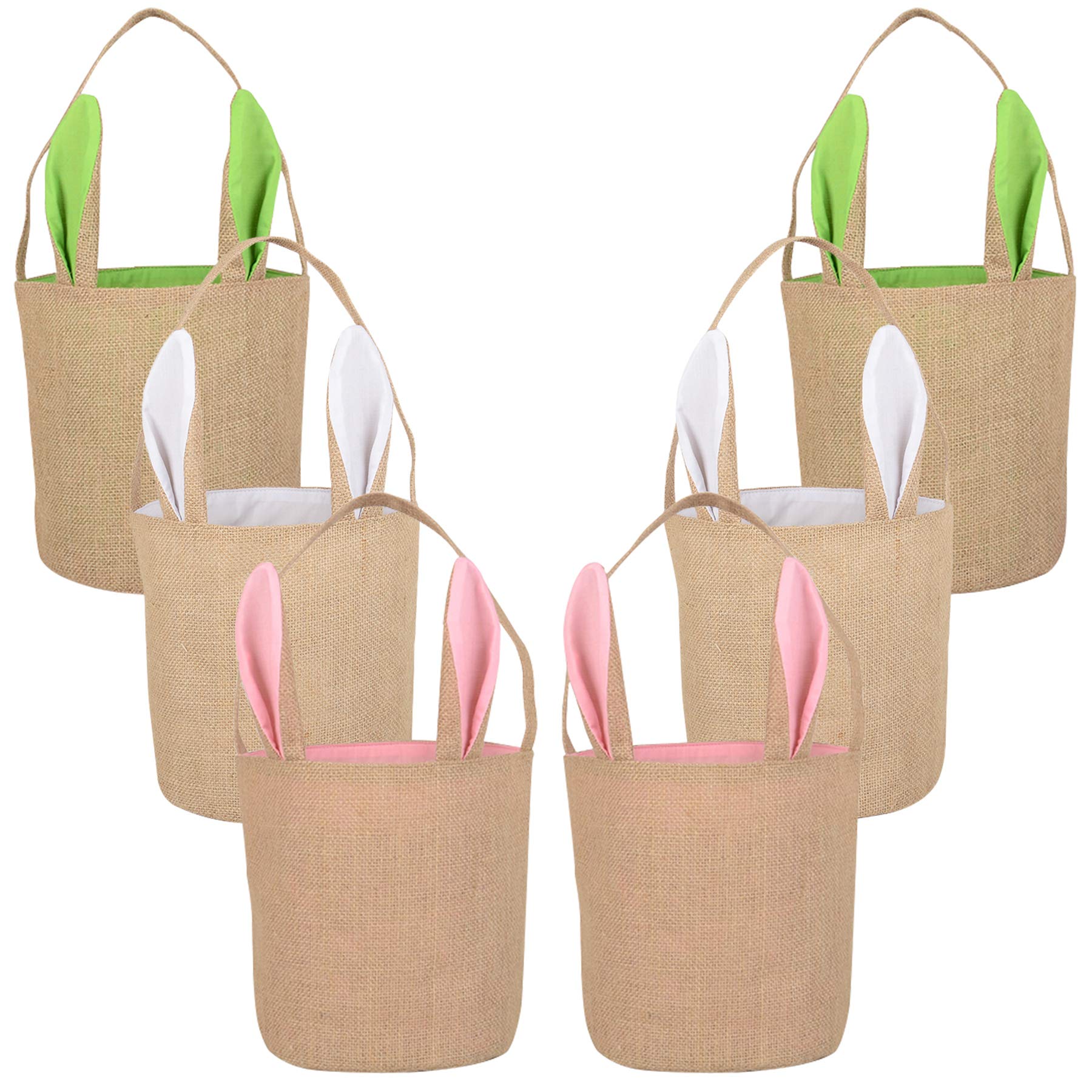KEFAN 6 Pack Easter Bunny Baskets, Jute Burlap Bunny Ear Tote Baskets for Egg Hunting (Easter Basket 04)