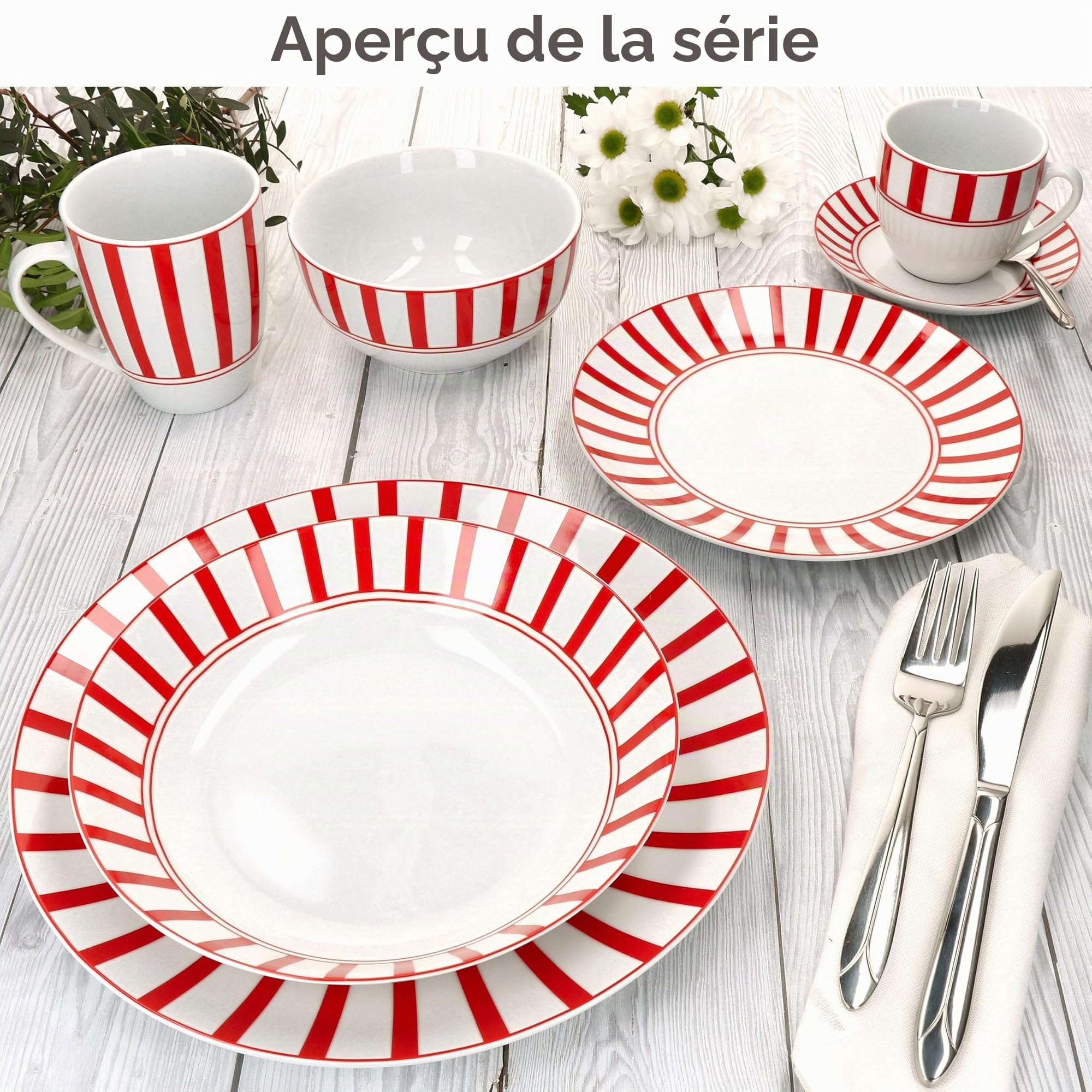 MamboCat Service de table Split rouge 12 pièces - Vaisselle en porcelaine blanche avec rayures pour 6 personnes - 6 assiettes creuses et 6 assiettes plates pour petit-déjeuner, déjeuner et dîner
