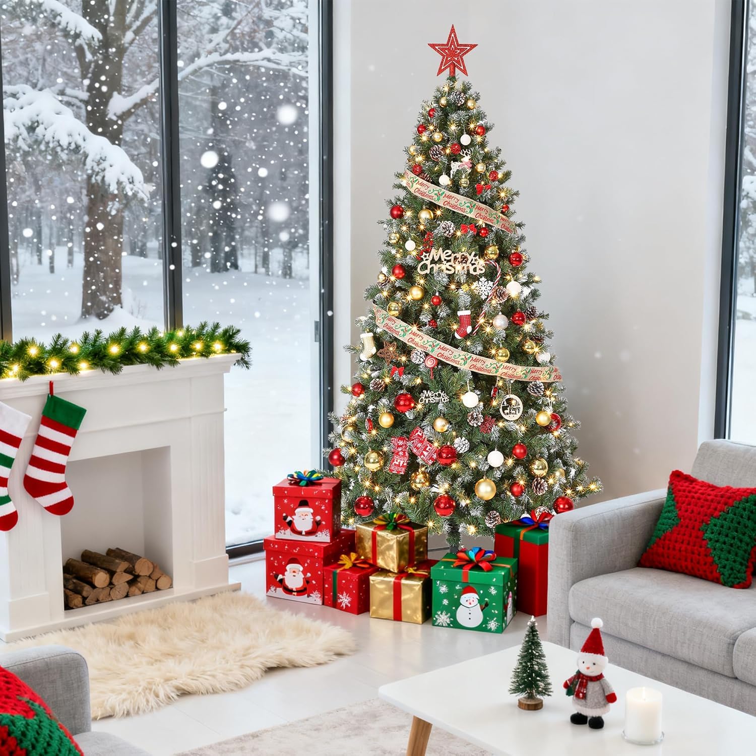 6FT Artificial Christmas Tree with Pine Cones & 788 Branch Tips, Partially Flocked Design Holiday Xmas Tree, Home Office Party Holiday Christmas Decor