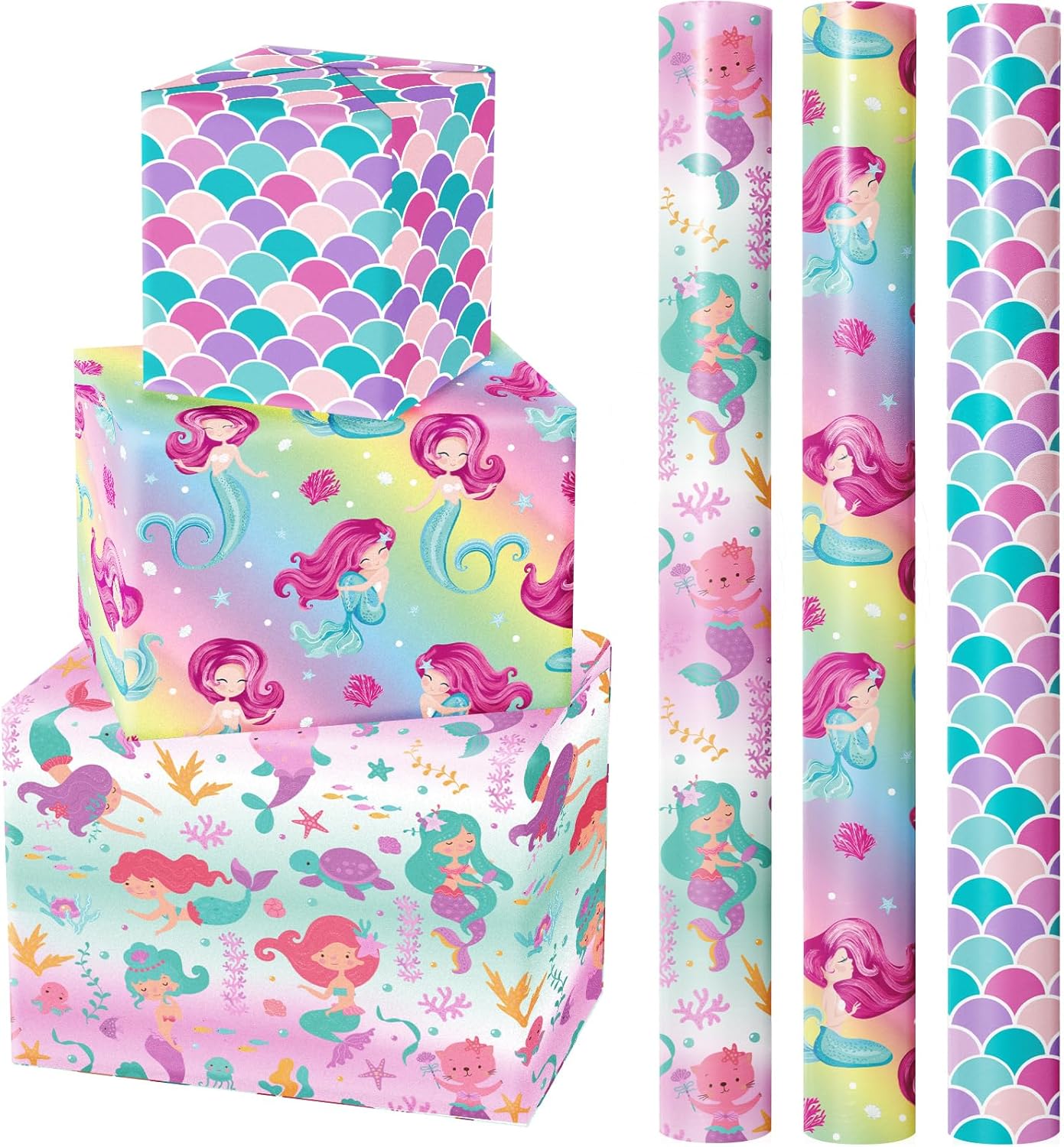 Amazon.com: WRAPAHOLIC Mermaid Wrapping Paper Roll - 3 Short Roll ...