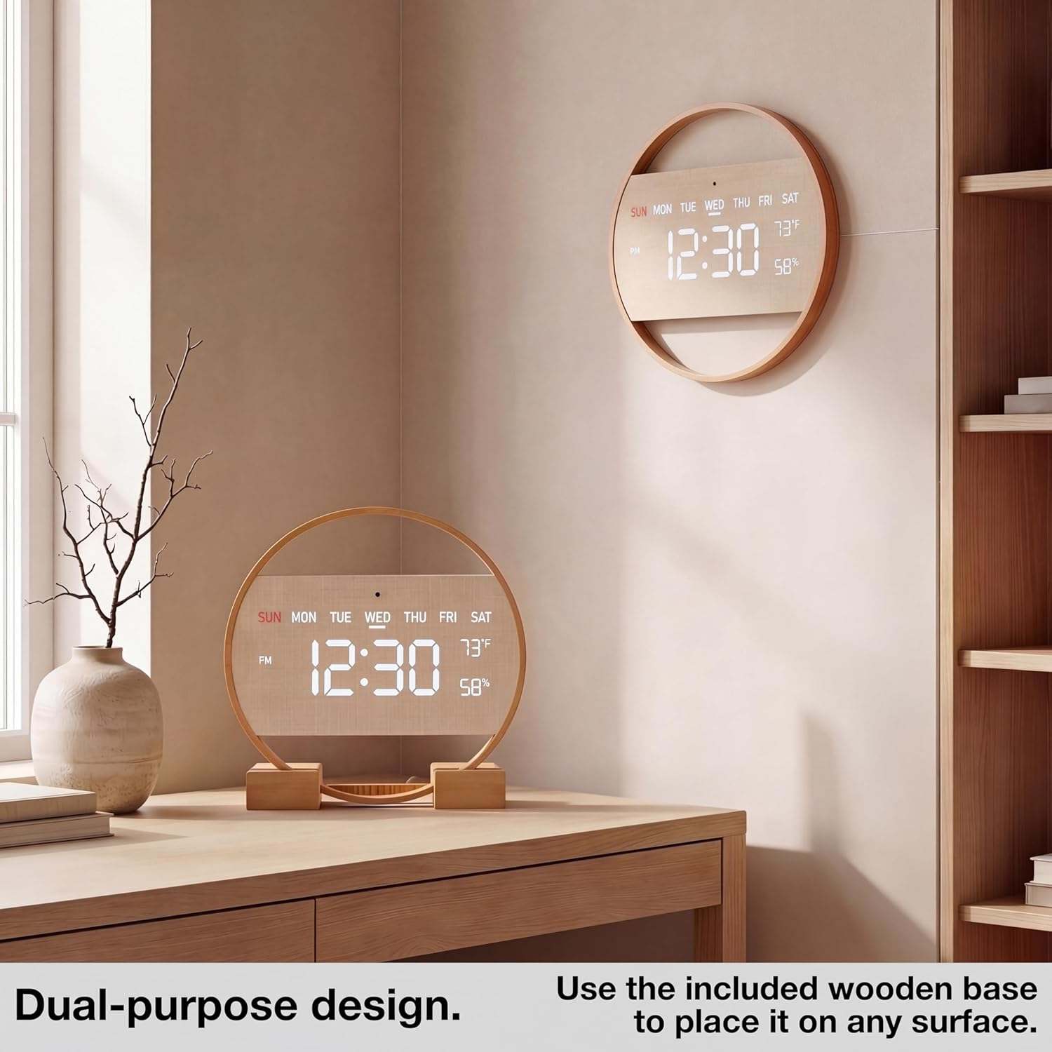 Driini Large Digital Wall Clock -Round Digital Bamboo Wooden Wall Clock with Large Display - LED Wall Clock - Auto-Dimming – Plug in USB with Temperature & Humidity – Large Wall Clock for Living Room.