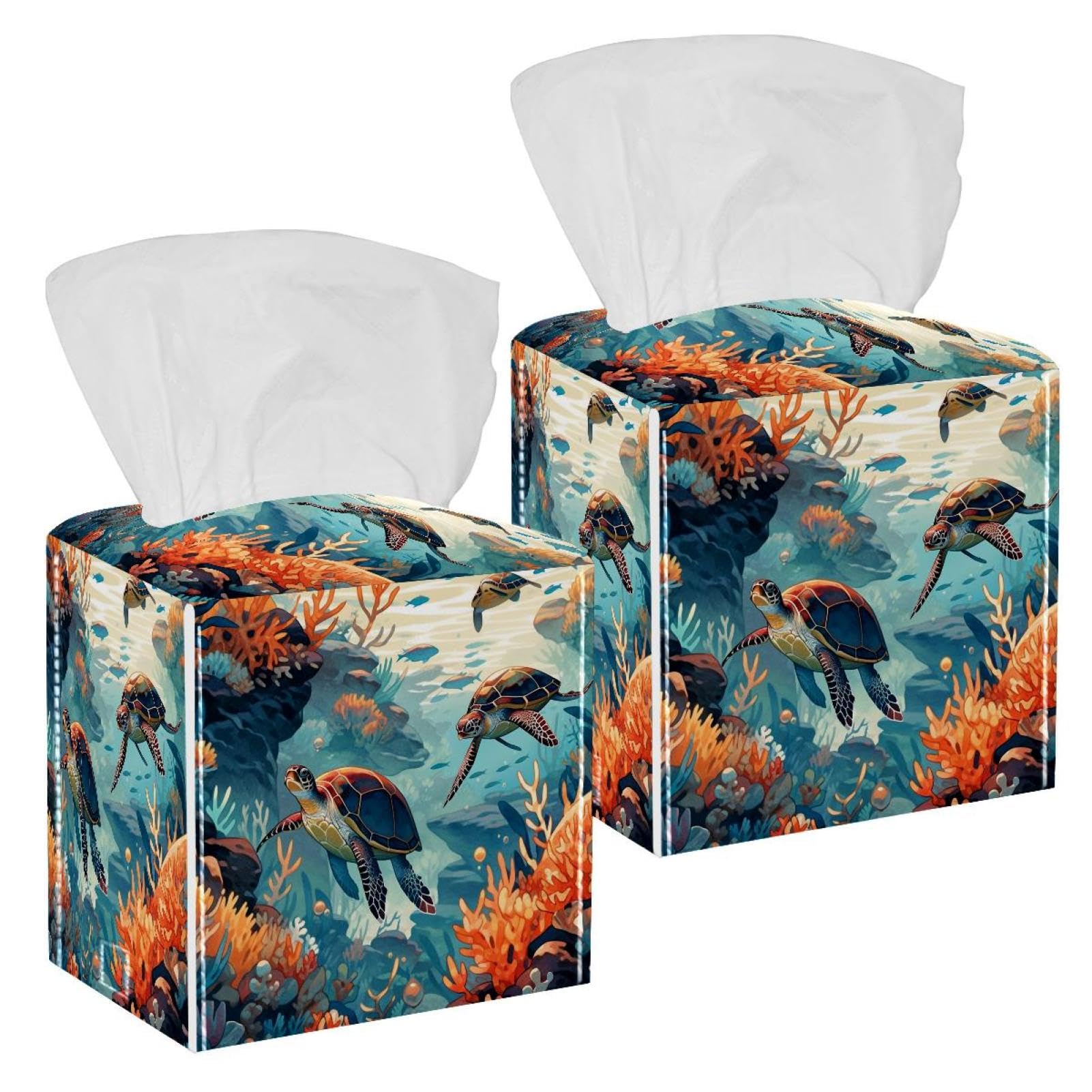 Corals and Turtles Tissue Box Cover, 2 Pack PU Leather Square Facial Tissue Dispenser Box holder for Home Office Car