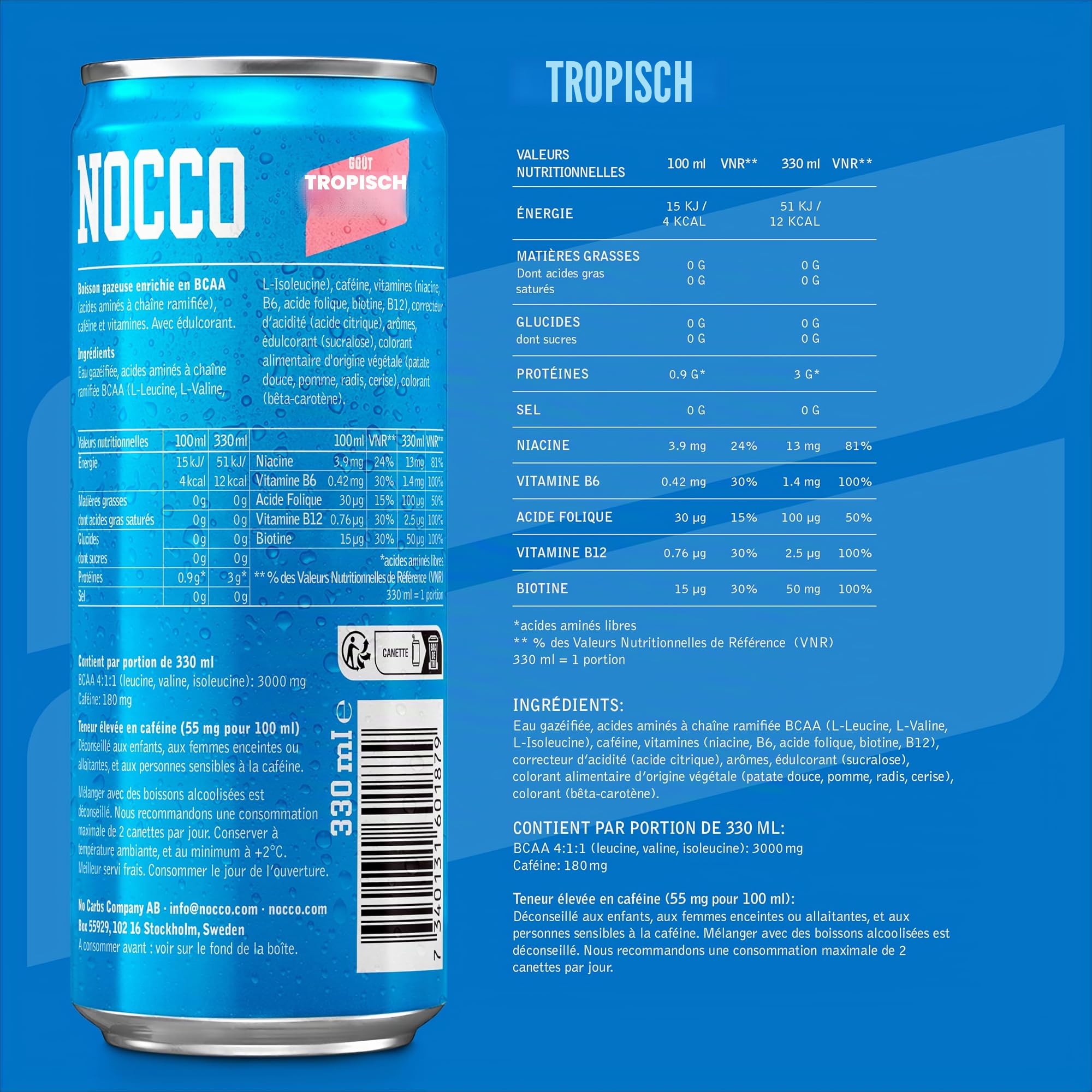 NOCCO BCAA Tropical Energy Drink 180mg Koffein 24 x 330 ml