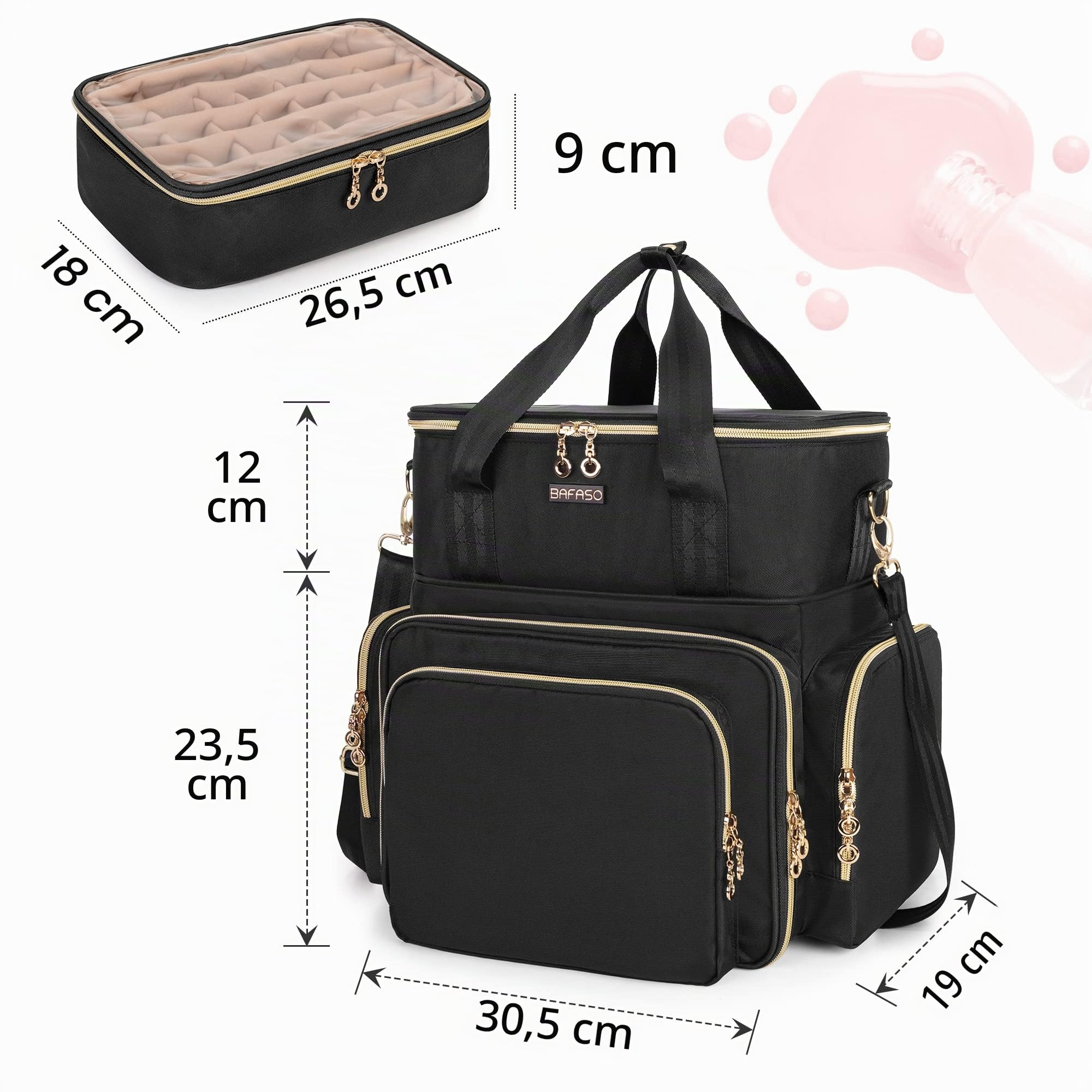 BAFASO Borsa Organizer per Smalti per 70 Flaconi e Lampada Unghie UV, Nero | Valigetta Porta Smalti per Unghie con 2 Tasche Rimovibili, Borsa da Viaggio per Smalti per Unghie, (15 ml - 0,5 fl.oz)