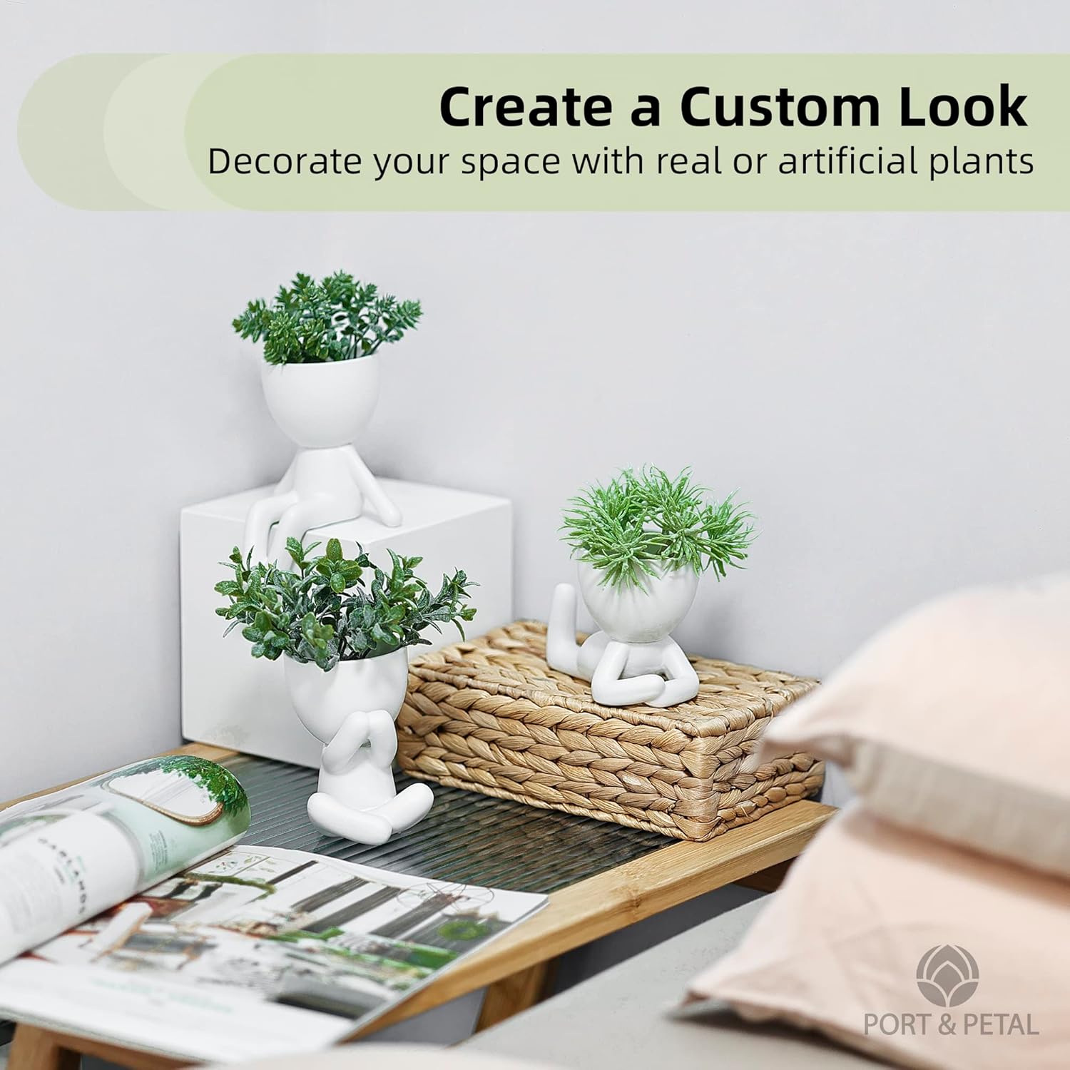 Port&Petal Small Succulent Pots with Drainage (Set of 3) - Ceramic Planters for Live Plants, Air Plants or Fake Plants Decor - Cute Planters for Indoor Decor - Small Pots for Home Office Décor - White