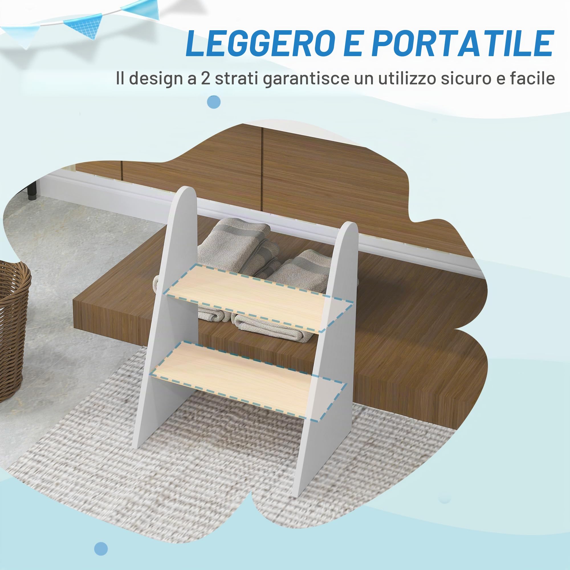 AIYAPLAY Sgabello a 2 gradini per bambini 3-8 anni, 20kg, legno bianco | Sgabello per bambini, per cucina, bagno, addestramento al vasino