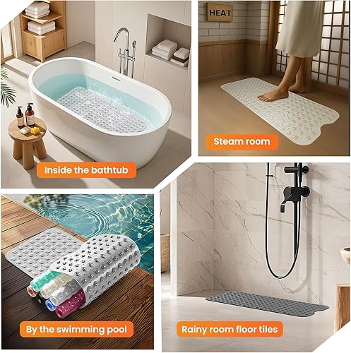 Miniatura 7 de Tapete de baño antideslizante, 39 x 16 pulgadas, extra grande, con orificios de drenaje y ventosas, lavable a máquina, color negro