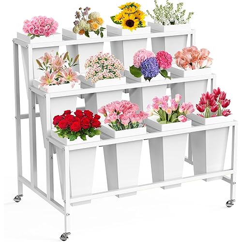 Flower Display Stand with 12 Buckets, 3 Layers Flower Cart White Metal Flower Bar Stand with Wheels, Moving Florist Bouquet Shelf for Indoor Outdoor Patio Garden Weddings Florist Living Room