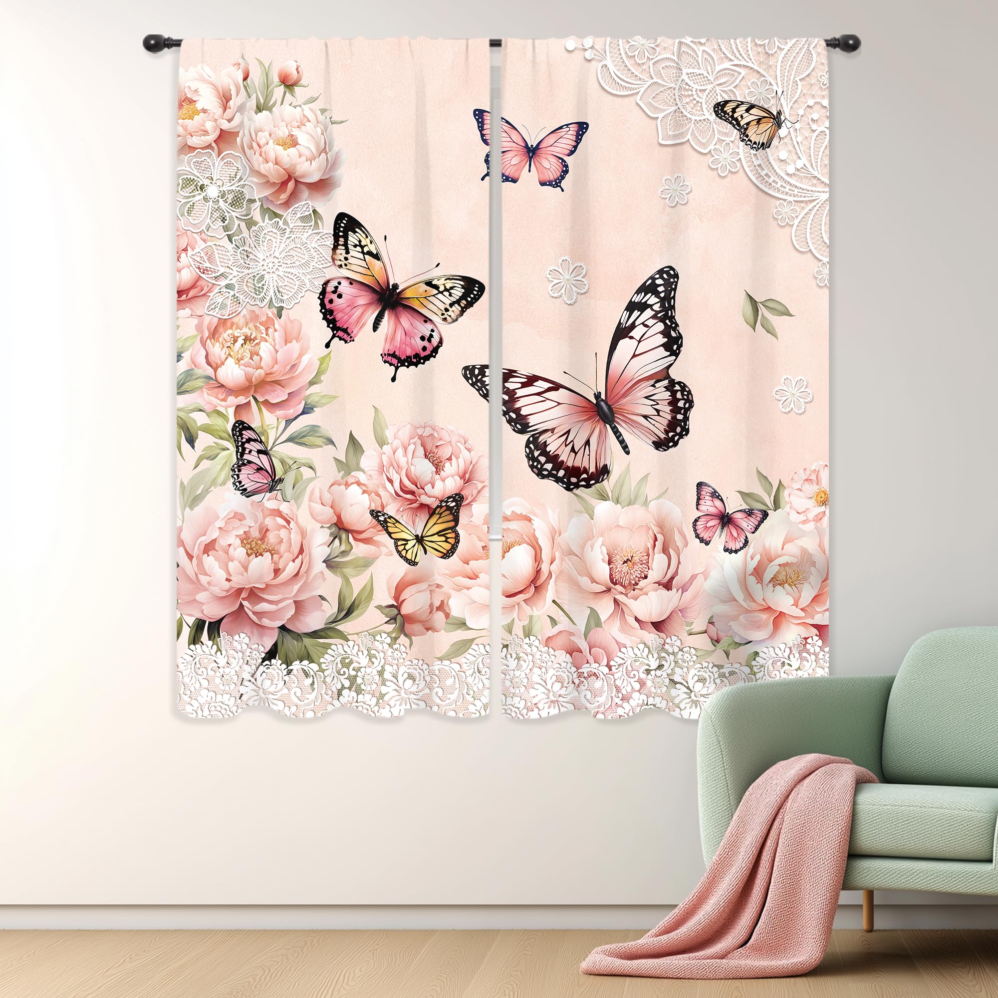 Riyidecor Butterfly Curtains Pink Floral Rose Gold Flower Blossom Girly Spring Summer Rustic Vintage Pretty Botanical Rod Pocket for Women Bedroom Living Room Treatment Fabric 2 Panels 42Wx63H Inch