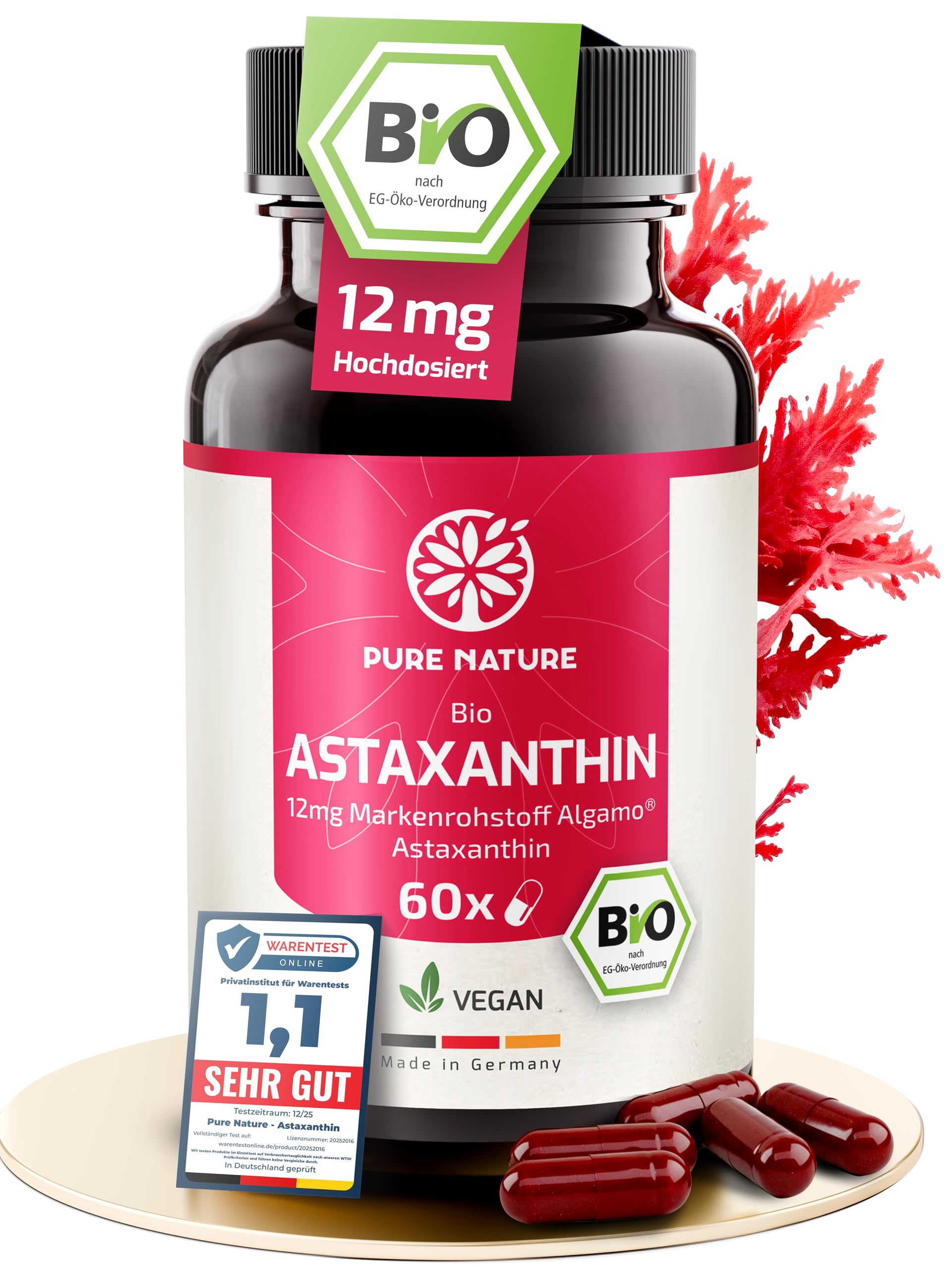 Pure Nature Astaxanthin hochdosiert BIO 12mg - 60 vegane Kapseln EU-BIO zertifiziert & laborgeprüft - Premium Rohstoff - mit Bio-Olivenöl – Astaxanthin hochdosiert - Astaxantin