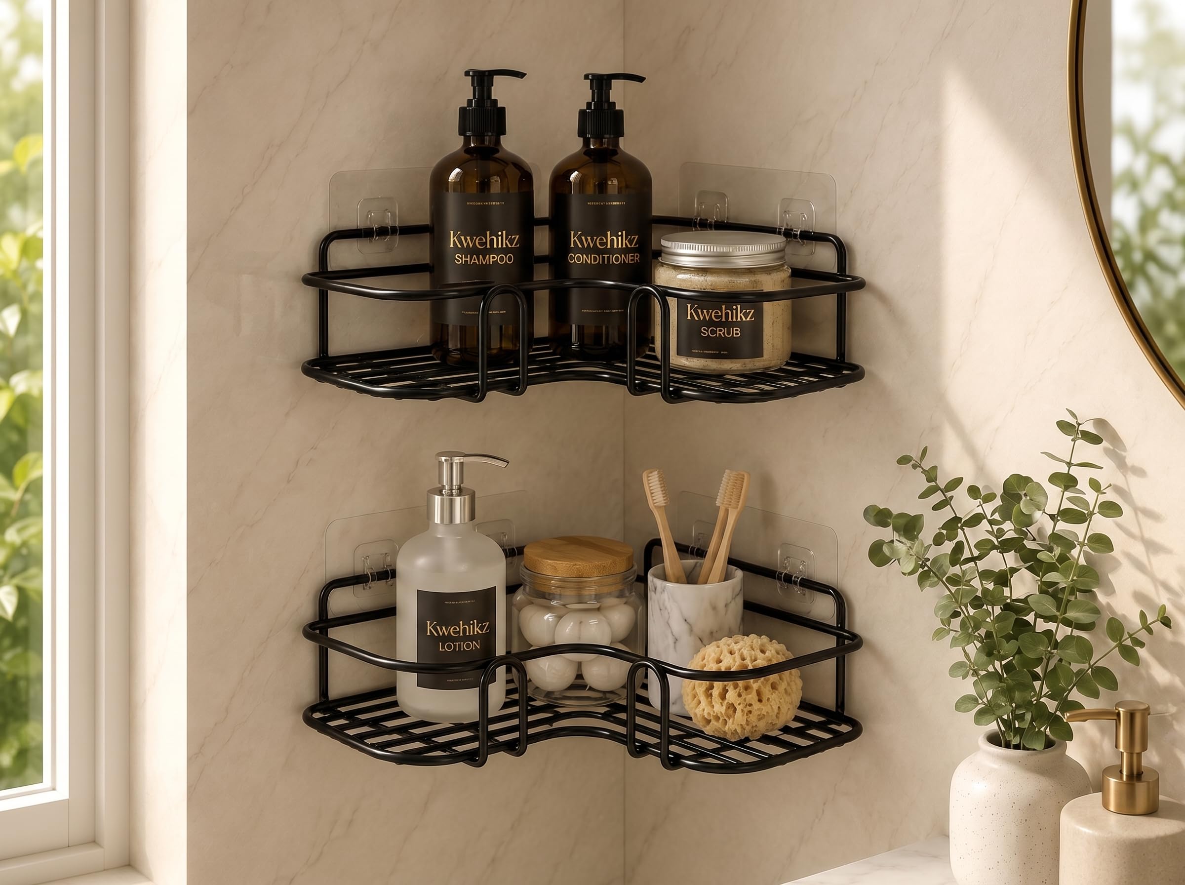 Set of 2 Metal Bathroom Corner Shelf Rack | No Drilling Shelf Organizer – Wall Mounted Self-Adhesive Shower Storage Rack for Toiletries and Accessoriesck (8 & 9 INCH, Black)-image-15