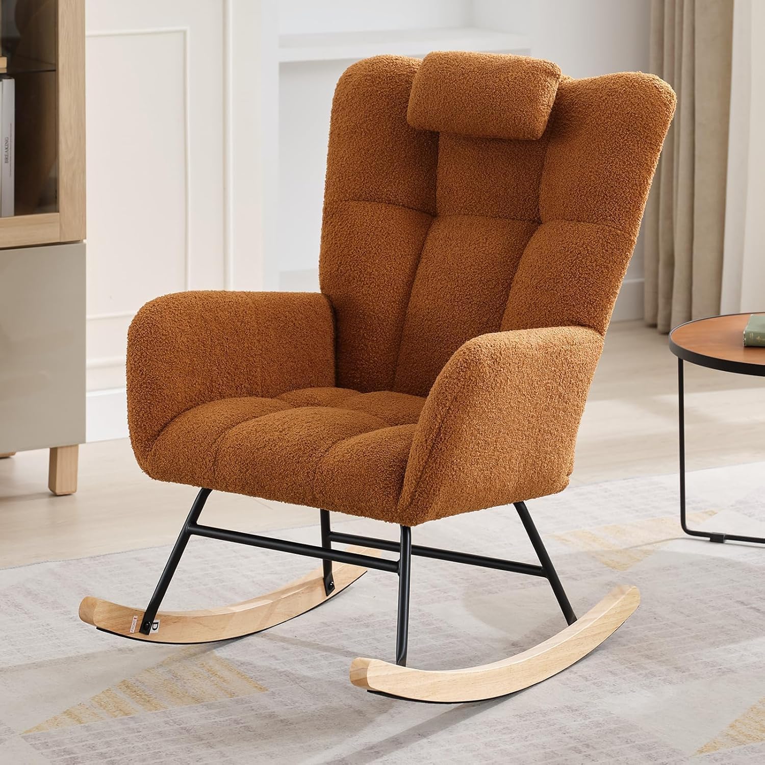 Fauteuil a Bascule, Fauteuil Allaitement pour Salon,Fauteuils Rembourrés en Peluche avec Dossier Haut, Cadre en Métal et Bois avec Poches Latérales,pour la Nurserie,Chambre, Marron