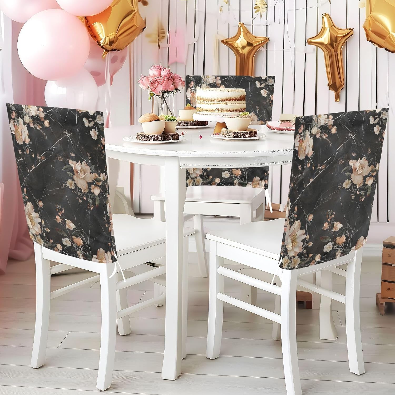 ALAZA Black Marble Flowers Chair Back Cover Set of 6, Washable Reusable Removable Chair Slipcovers Decorative Chair Cover for Home Kitchen Wedding Party